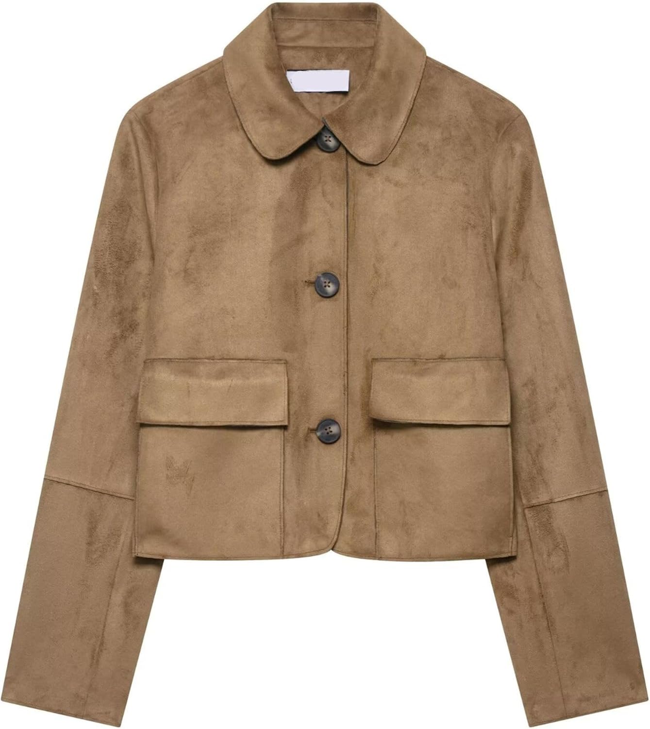 Xunger Women's Retro Faux Suede Bomber Jacket Cropped Lapel Coat Button Front Pockets Casual Streetwear Oversized Outerwear