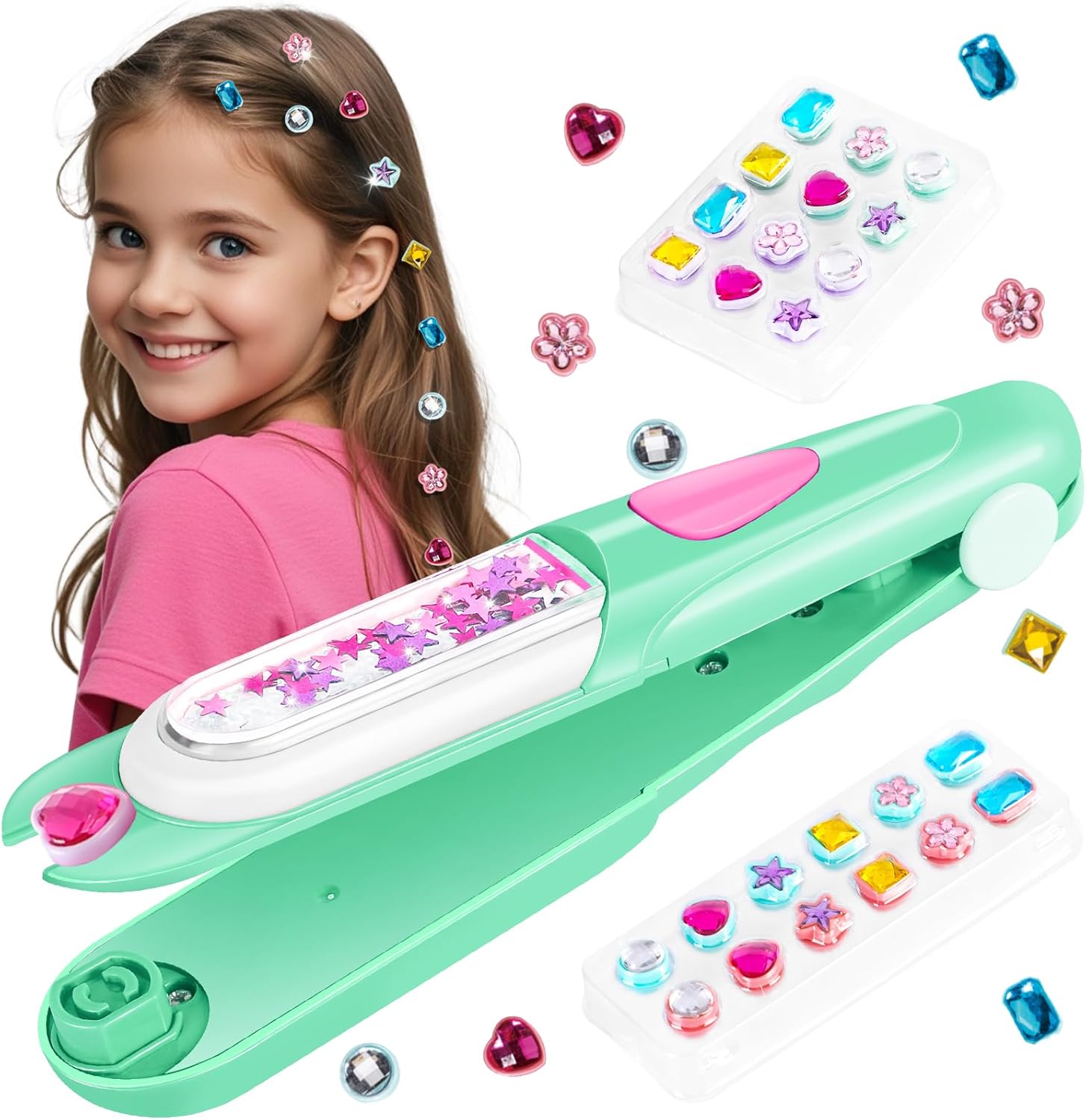 Hair Gem Stamper Kit, Bling Hair Jewels for Girls Toys, Hair Styling Tool with Reusable Shining Diamonds, Birthday Gifts Toys for Girls Ages 3 4 5 6 8-12 (Green)