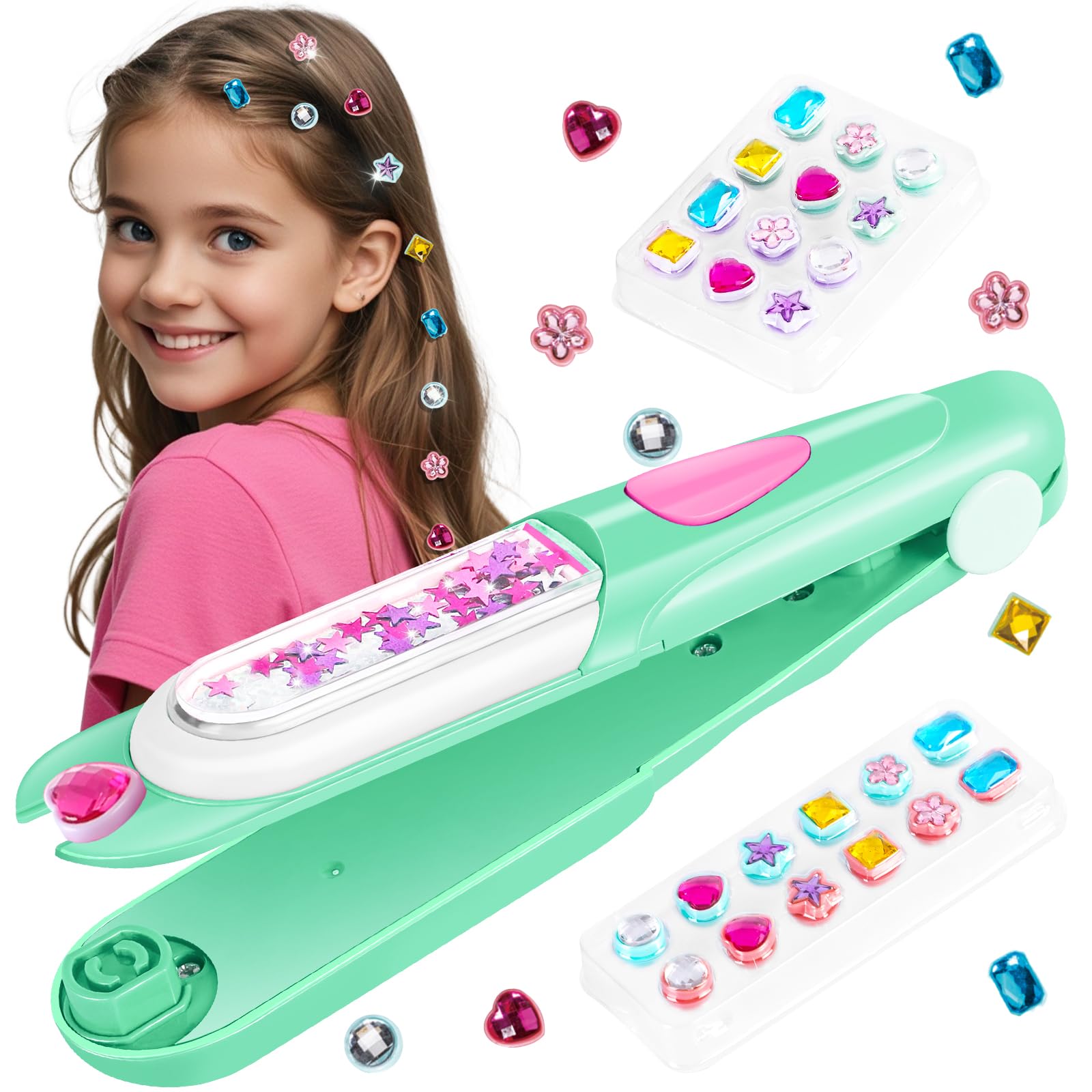 kidzkube Hair Gem Stamper Kit, Bling Hair Jewels for Girls Toys, Hair Styling Tool with Reusable Shining Diamonds, Birthday Gifts Toys for Girls Ages 3 4 5 6 8-12 (Green)