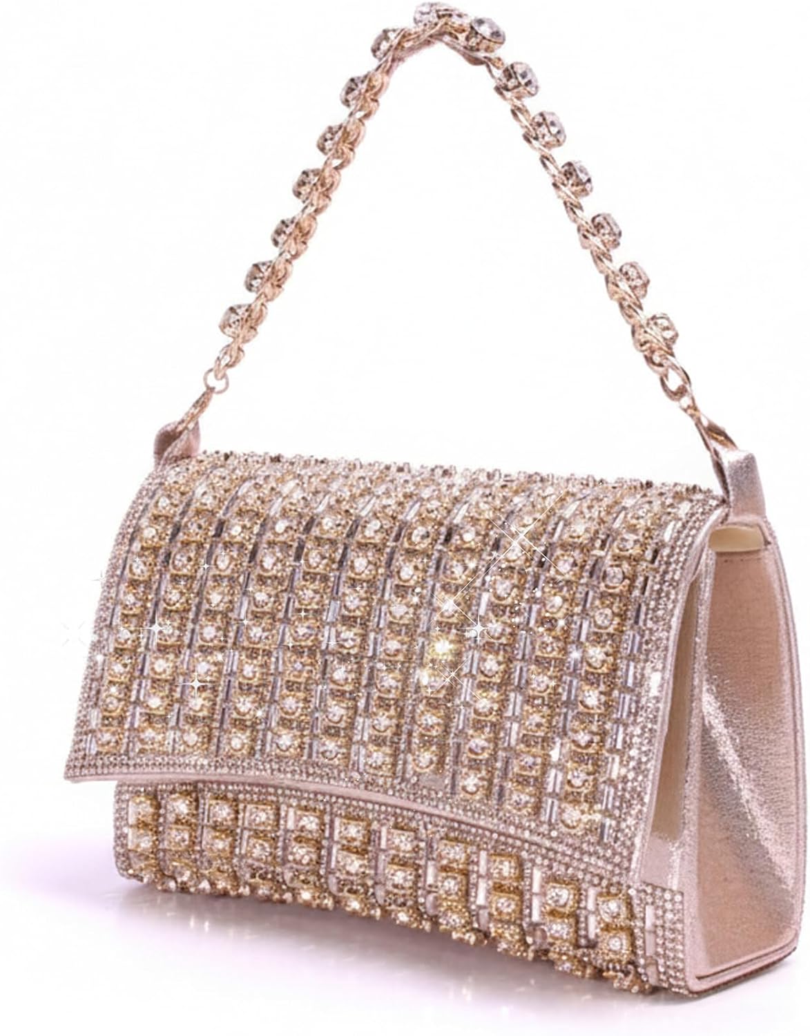 Rhinestone Clutch Purses for Women,Structured Hard Case Evening Bag with Handle Chain,Sparkly Wedding Prom Party Bag