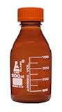 EISCO Reagent Bottle, 500ml - Amber Colored Glass - Orange Screw Cap, Drip Free Pouring Ring - White Graduations - Borosilicate 3.3 Glass