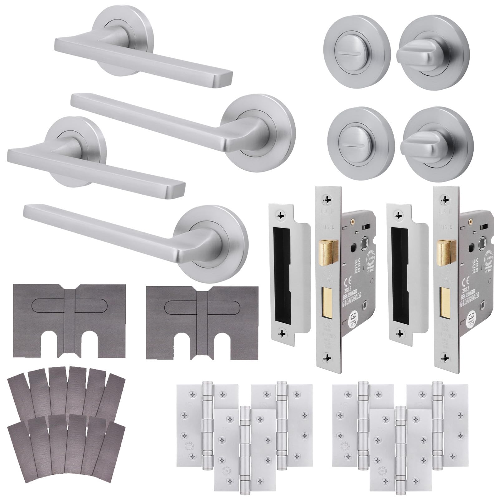 Eai Satin Chrome Satin Fire Door Handle Bathroom Set, Internal Fire Rated Door Handle With 80Mm Lock And 102Mm Hinges - 2 Pack Elcot Range