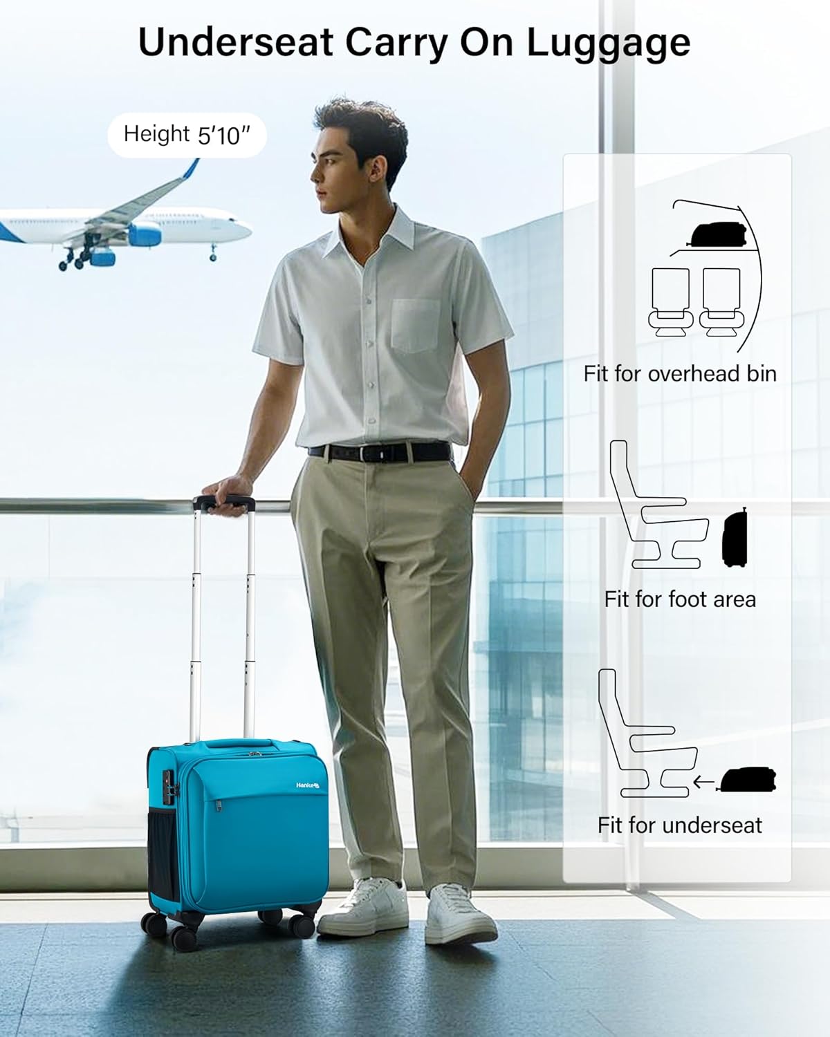 Hanke 16 Inch Underseat Carry On Luggage with Wheels Small Suitcase Softside Luggage Bags for Travel Lightweight Suitcases with Wheels Travel Luggage Personal Item for Men and Women(Caribbean Blue)