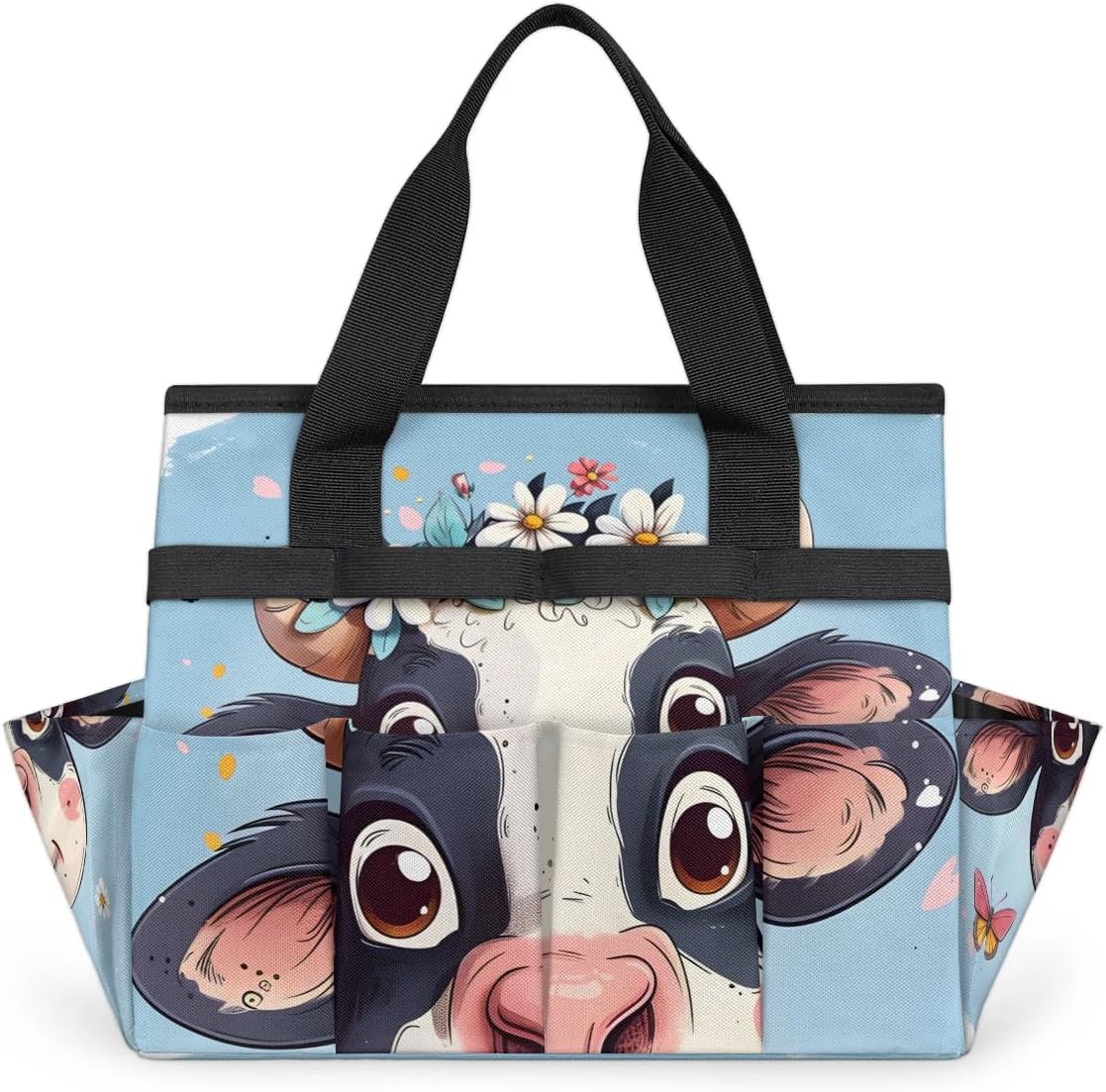Funny Cute Cow Bull Animal Garden Tool Bag, Garden Tote Storage Bag with 10 Pockets, Indoor and Outdoor Gardening Tool Organizer for Women Men