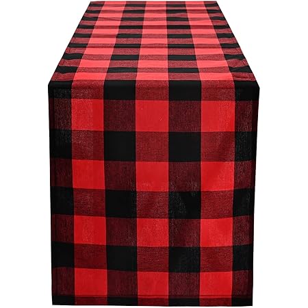 Tosewever Christmas Buffalo Check Plaid Table Runner, Cotton Polyester Blend Classic Family Dinner Table Runners for Indoor Outdoor Parties Events Home Decoration (Red and Black, 14 x 72 Inch)