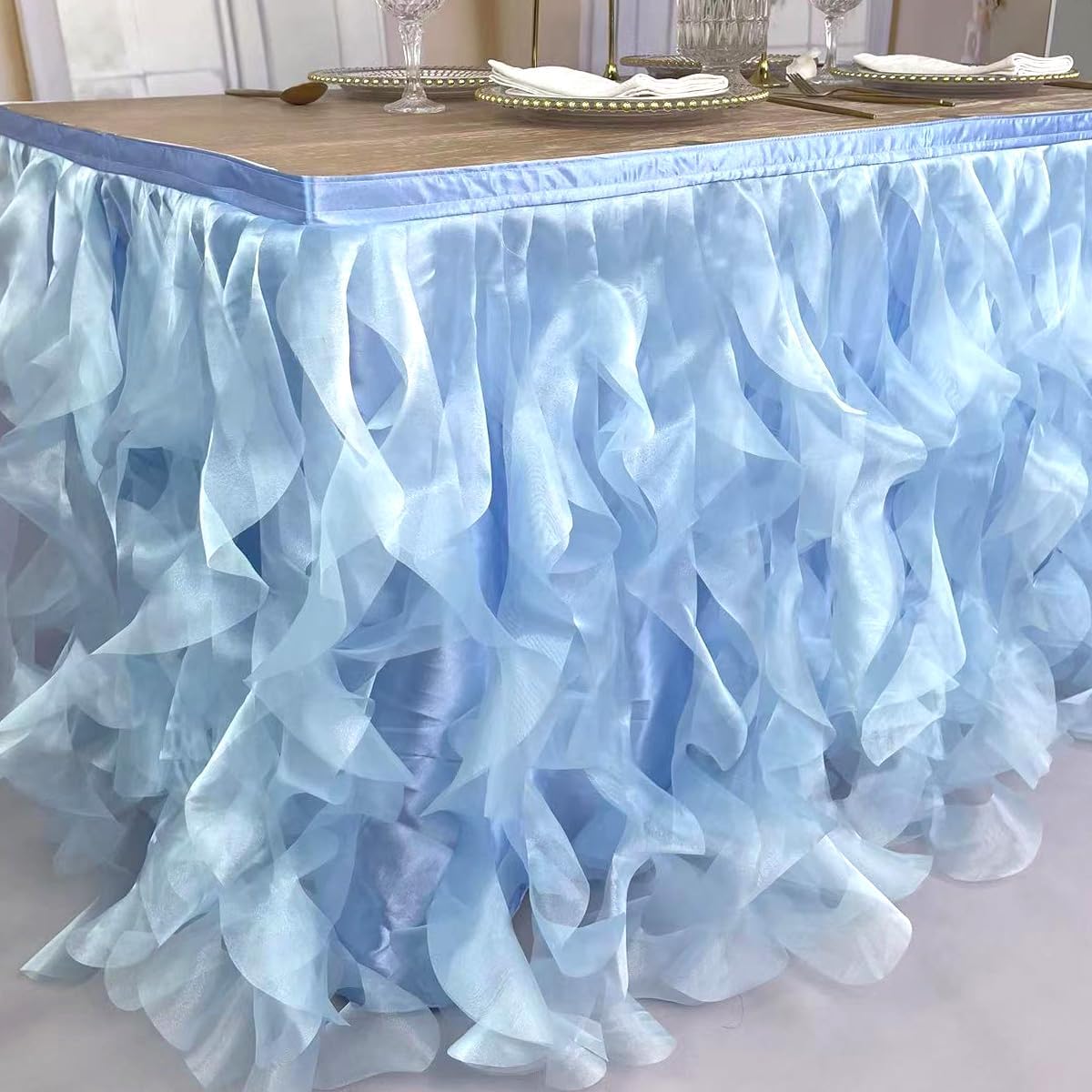 Luxury Organza Mesh Table Skirt Draping Floating Romance - Perfect for Bridal Showers, Birthday Weddings - Clear Flowing Decoration for a Wonderful Main Cake Table (Sky Blue-6ft, 72"L×30"H) image 4