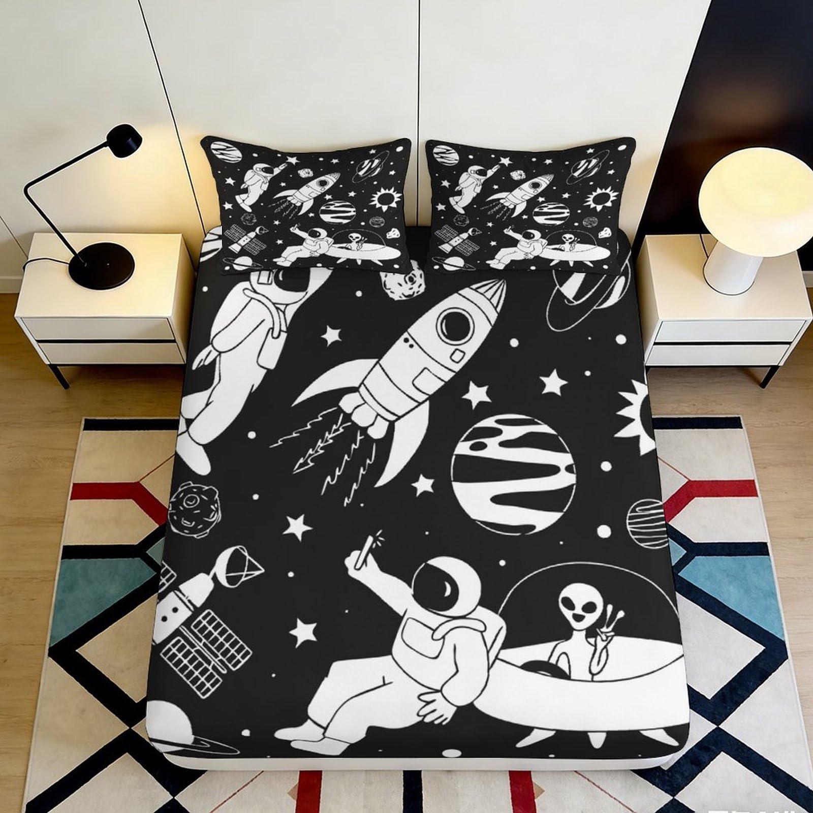 3D Printed Space Exploration Fitted Sheet Microfiber Black Astronaut Rocket Mattress Cover for Bedroom Decor 90x200x25cm