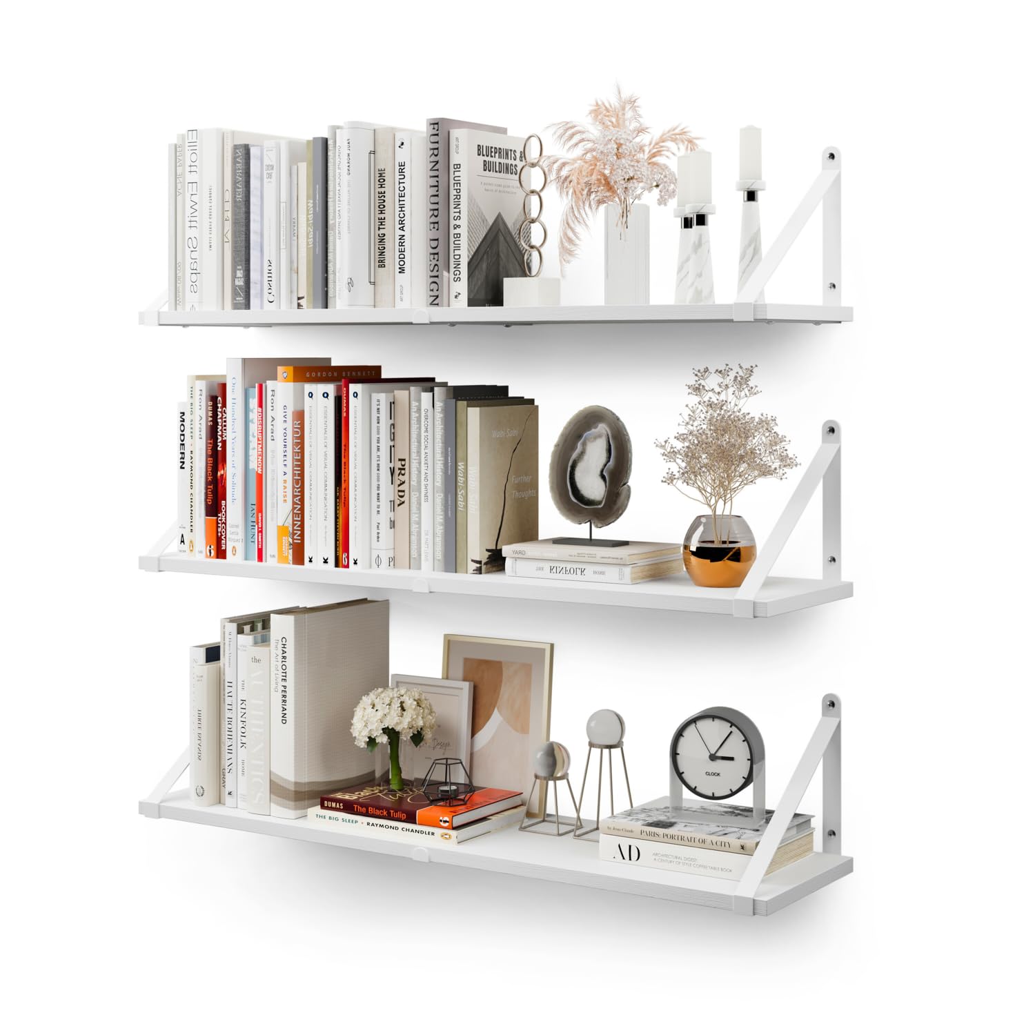 CASSA ZENO Wall Mounted Floating Book Shelves for Wall Set of 3, 80cm x 20cm Shelf Bookshelf for Bedroom Living Room Office Bathroom Kitchen Rustic Wood with Metal Bracket (White) — image 1