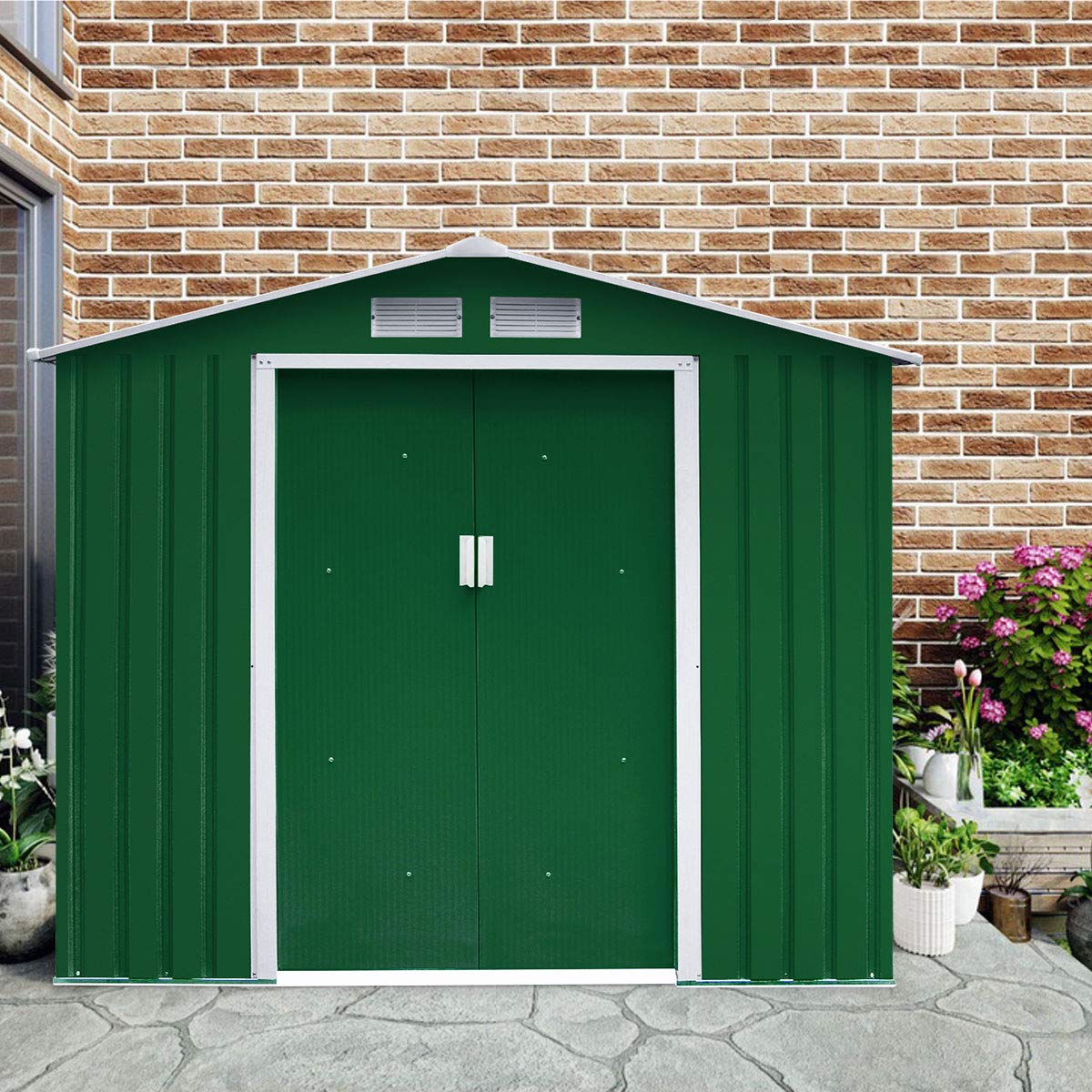 DREAMADE Box Casetta Grande, Casetta da Giardino Esterno, Capanno Magazzino in Lamiera di Metallo, con Porta a 2 Ante e Finestra di Ventilazione, Adatta per Riporre Attrezzi (Verde)