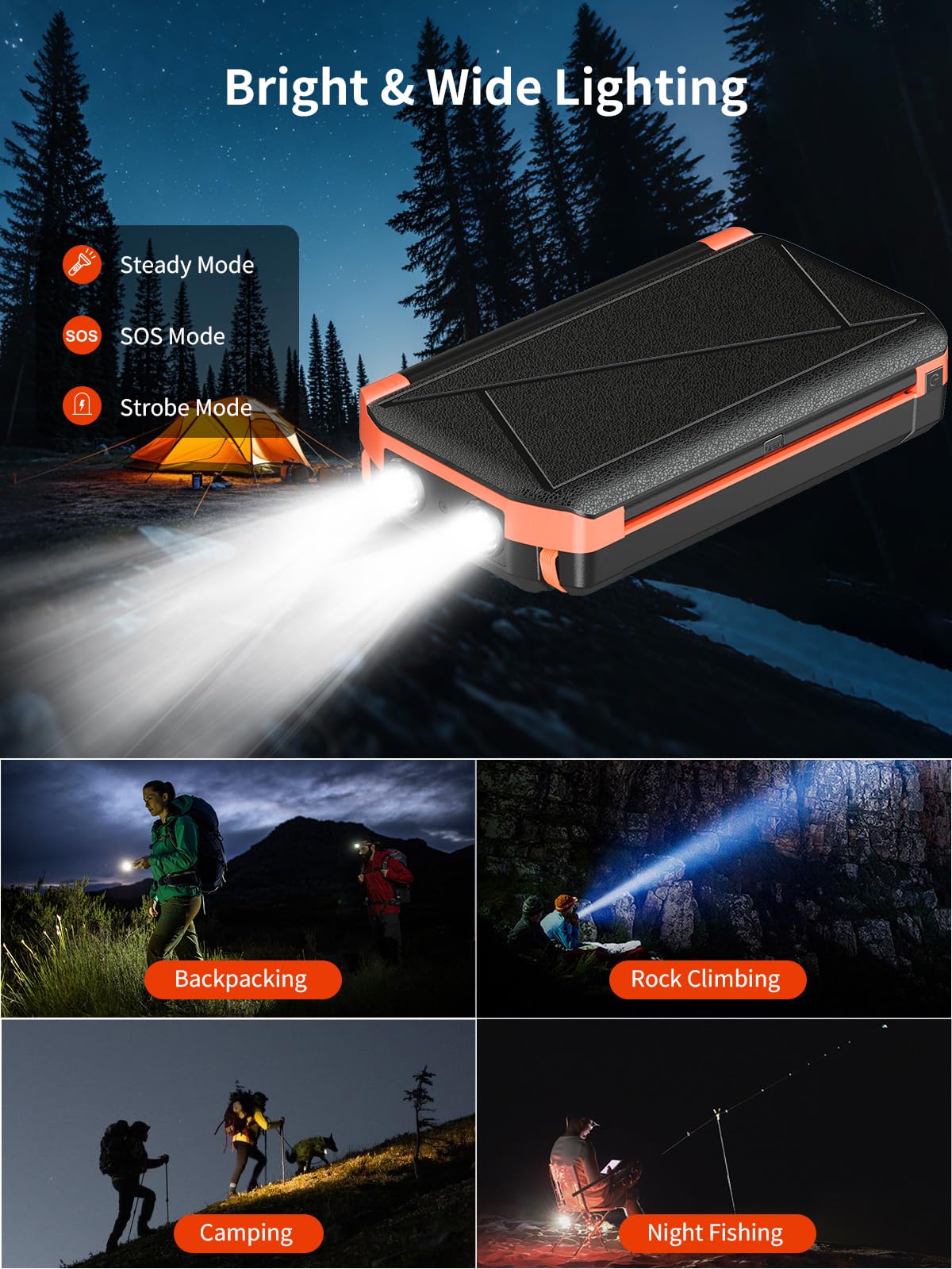 63200mAh Solar Power Bank Ricarica Rapida,15W Ricarica Wireless | 30W PD 3.0 A USB C Powerbank con 2 Cavi, 5 Uscita & 2 Ingresso, Spie luminose a LED, Torcia, Caricatore Portatile