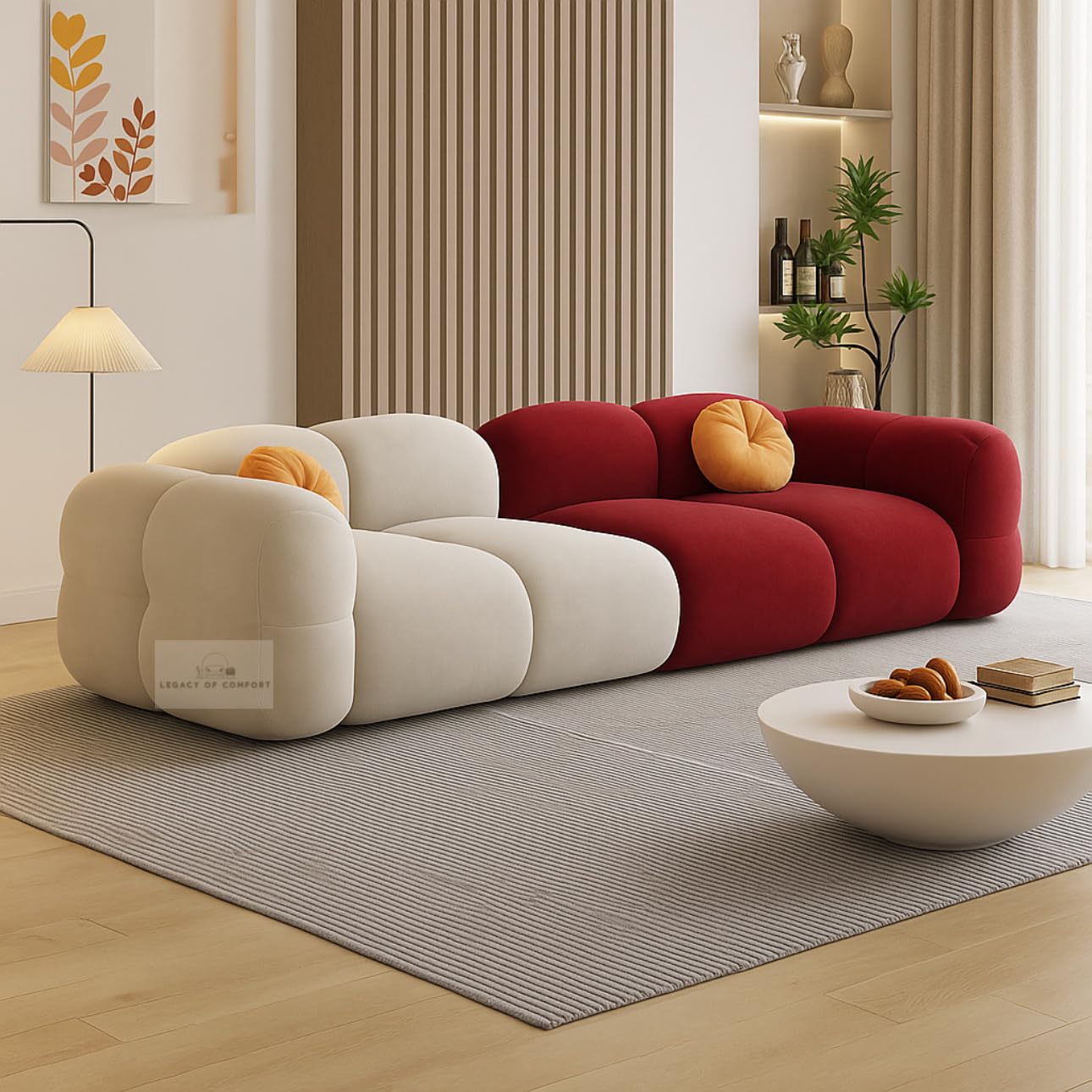LEGACY OF COMFORT Prith 2 Velvet Modern Cloud Sofa Upholstered 3 Seater Sofa Three Seater Sofa for Living Room Hotels & Offices (Ivory/Wine Red)-image-22