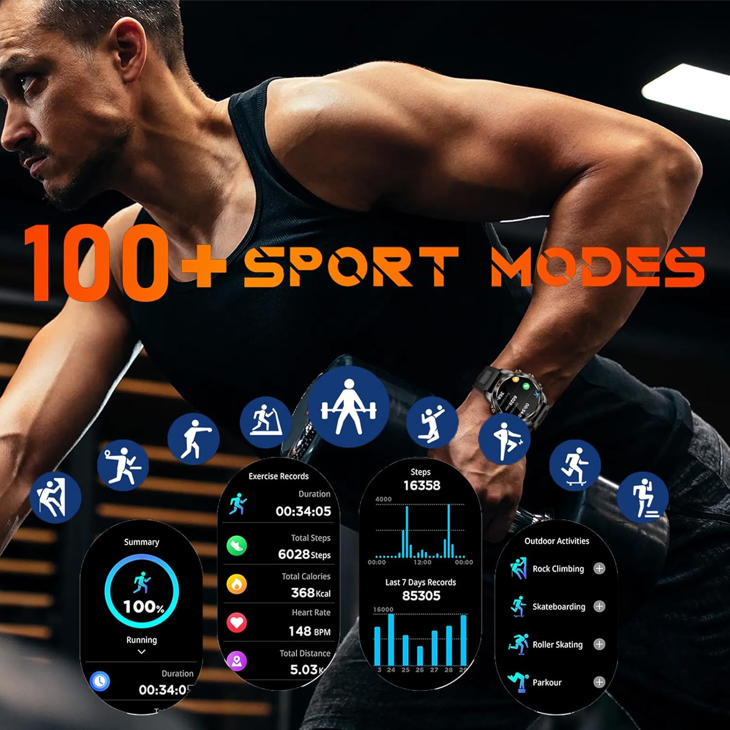 Military Smart Watches for Men Fitness Watch Fitness Tracker with Heart Rate Monitor Sleep Monitor Flashlight Large Battery Pedometer Bluetooth Call for Android iOS