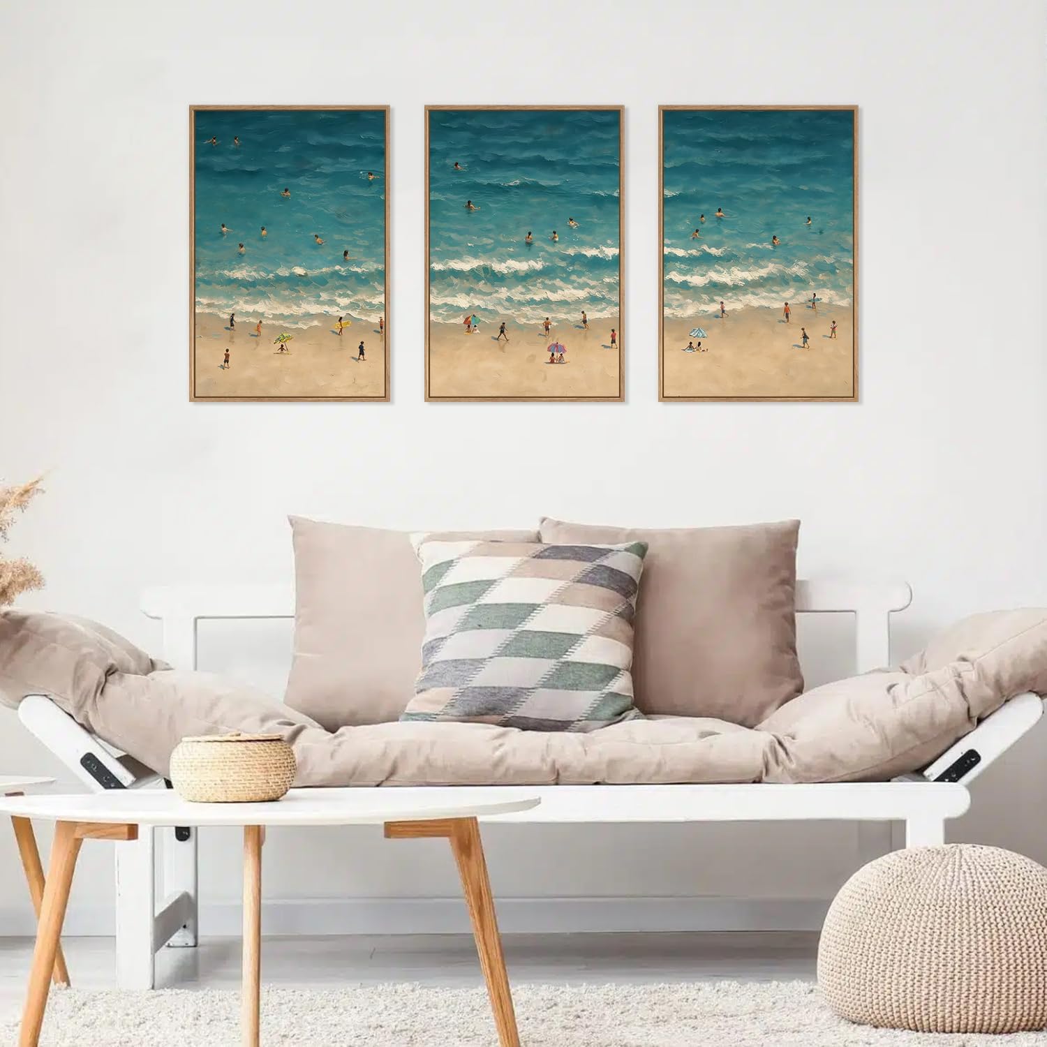 HLNIUC Summer Beach Canvas Wall Art,Modern Minimalist Coastal Landscape Wall Decor Set of 3(16”x24”) Blue Abstract Ocean Painting, Summer Swimming in the Sea Art Print for Living Room,Bathroom