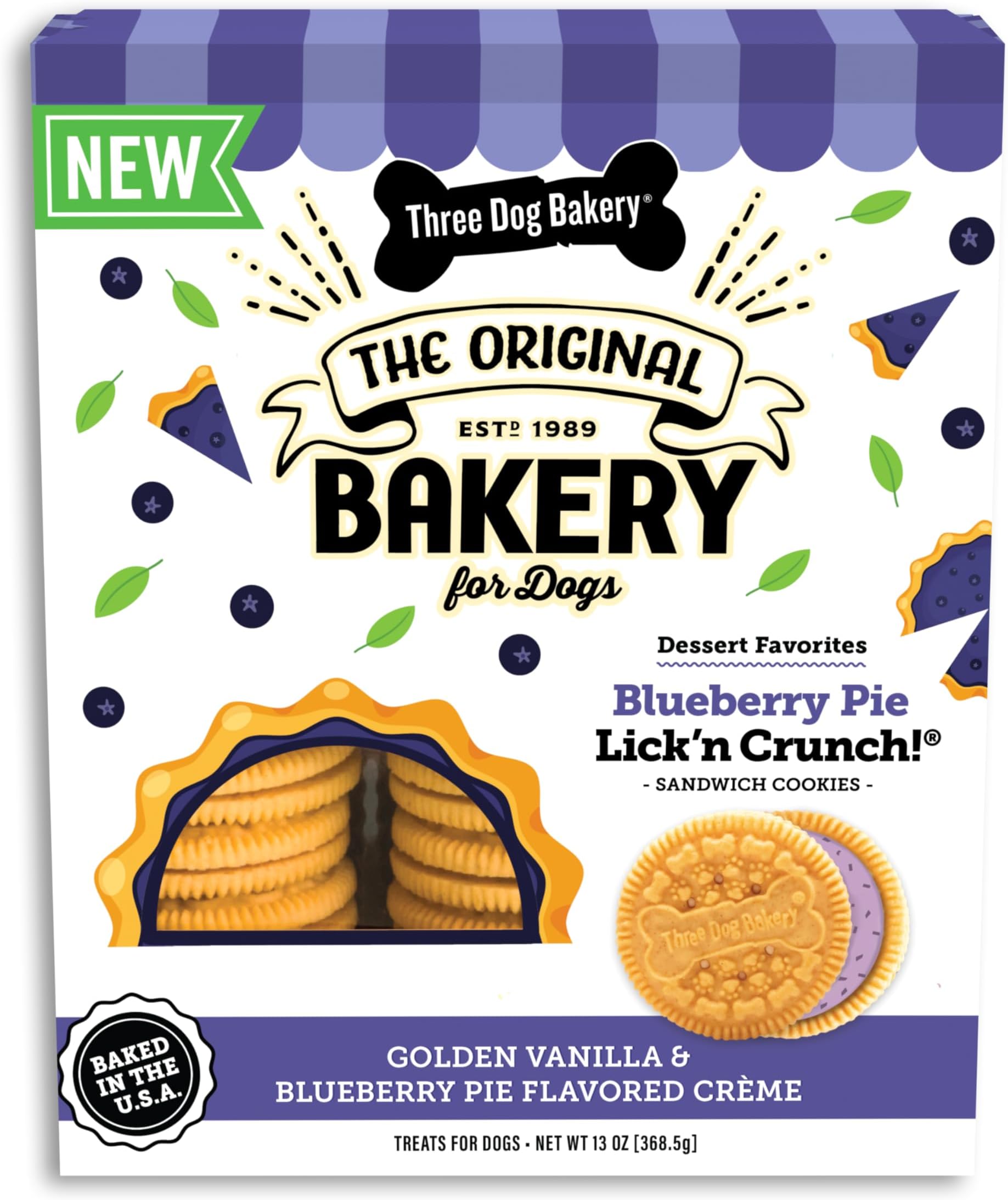 Three Dog Bakery Blueberry Pie Lick’n Crunch! Dog Treats, Dessert-Inspired Sandwich Cookies with Real Blueberries & Vanilla, Crunchy Baked Dog Cookies, Made in The USA, 13 oz