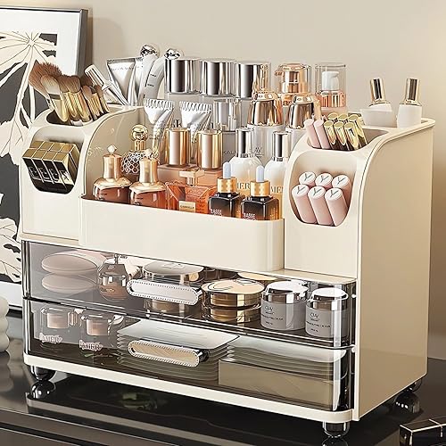 Miniatura 10 de Organizador de maquillaje con 2 cajones, vitrina para cosméticos, soporte de almacenamiento para tocador, mostrador de baño, escritorio, suministros