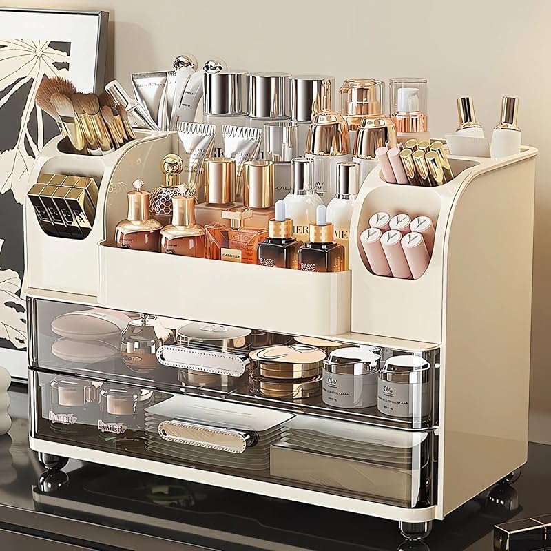 Maleta organizadora de maquiagem FYABREEK com 2 gavetas e compartimentos laterais, Cream