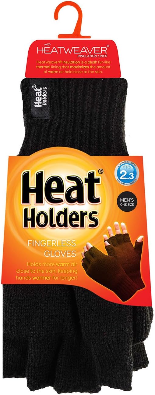 Mens Pair of Heat Holder 2.3 tog Thermal knitted FINGERLESS Gloves Black
