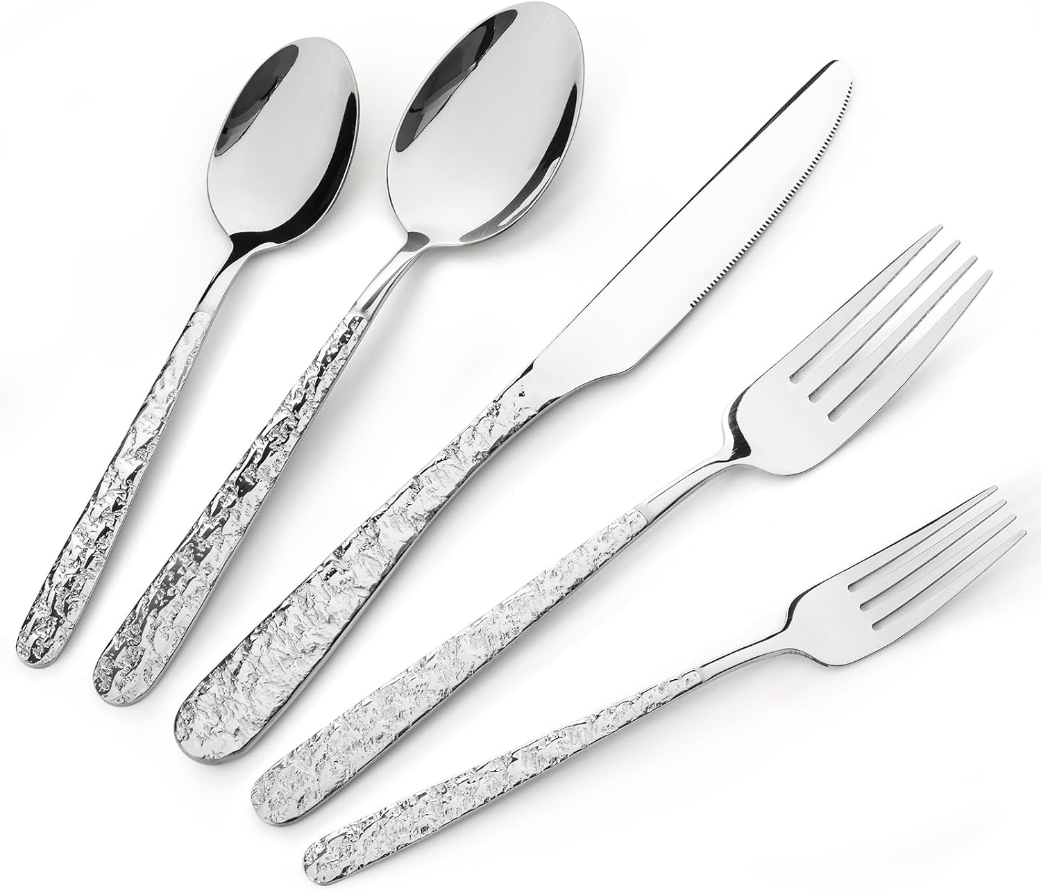 HiFind Hammered Silverware Set, 30-Piece Stainless Steel Square Flatware Set for 6, Stainless Steel Premium Cutlery with Unique Ripple Handles Design Mirror Polished, Dishwasher Safe