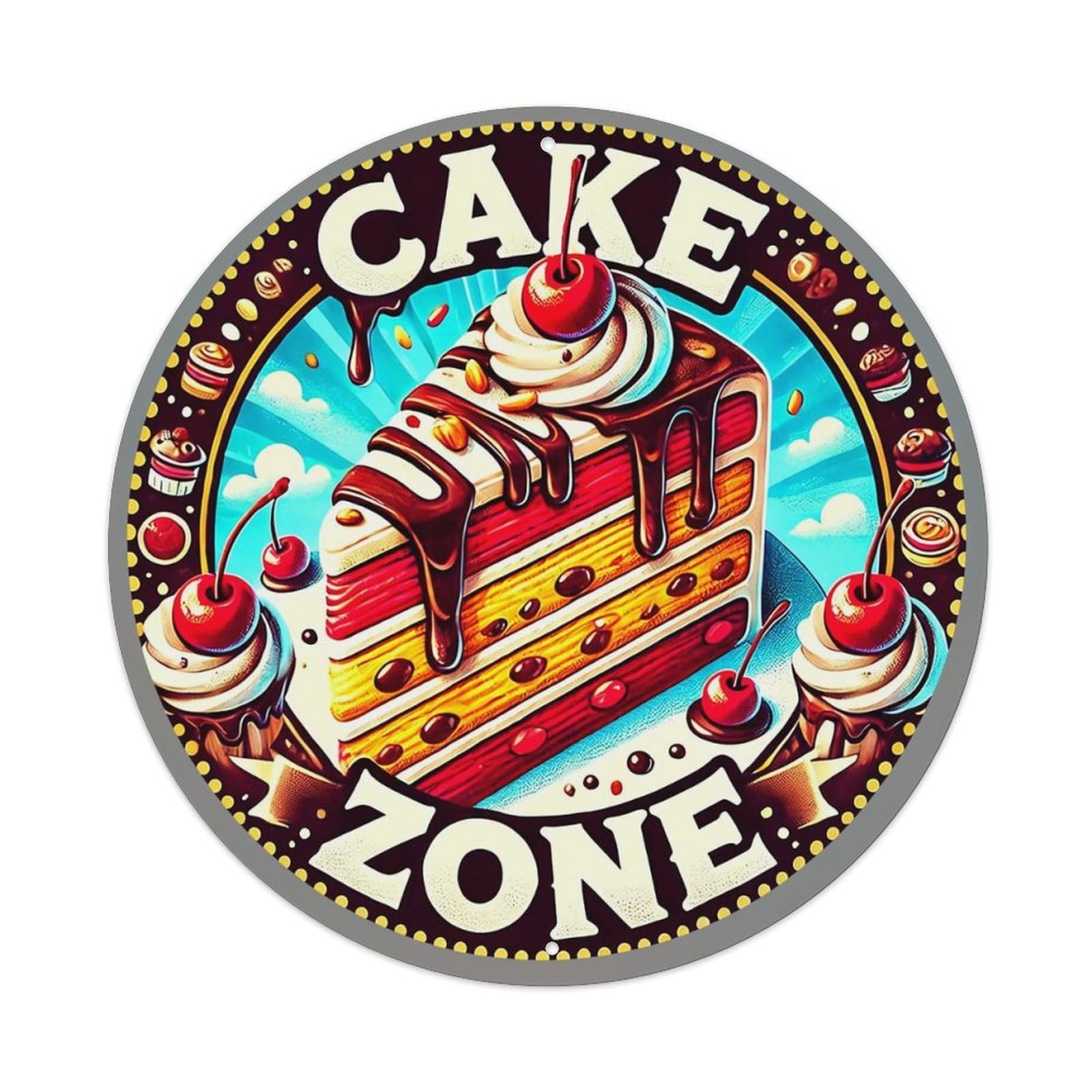 Cake Zone Slice Cherry Topping Tin Sign Metal Poster Vintage Metal Signs for Home Man Cave Bar Cafe Kitchen laundry room Wall Decorations 8x8 inches