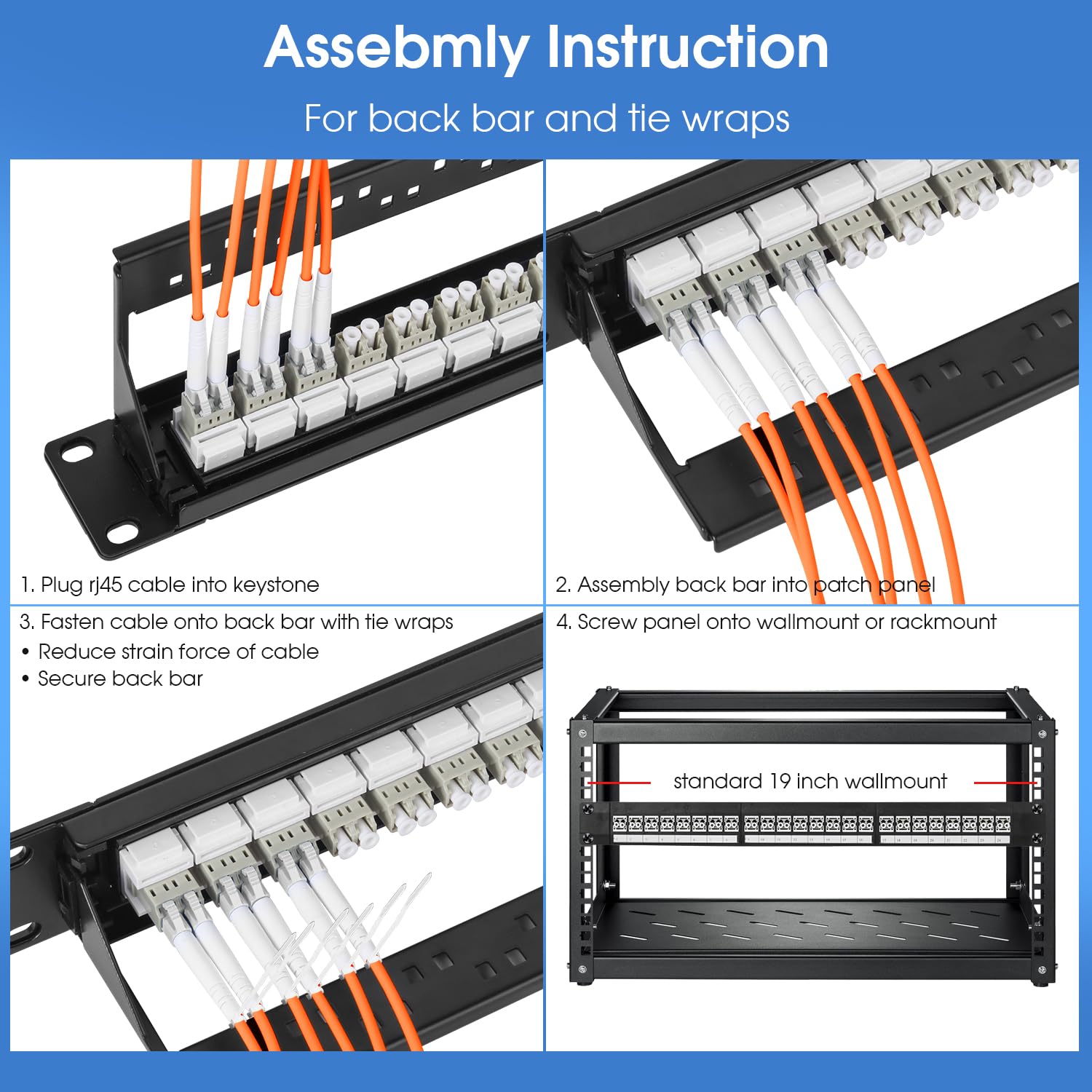 Lot de 2 panneaux de brassage en fibre à montage en rack 1U avec 24 coupleurs de fibre multimode LC-OM1/OM2 Jack Keystone Jack Modulaire (vis de rack incluses)