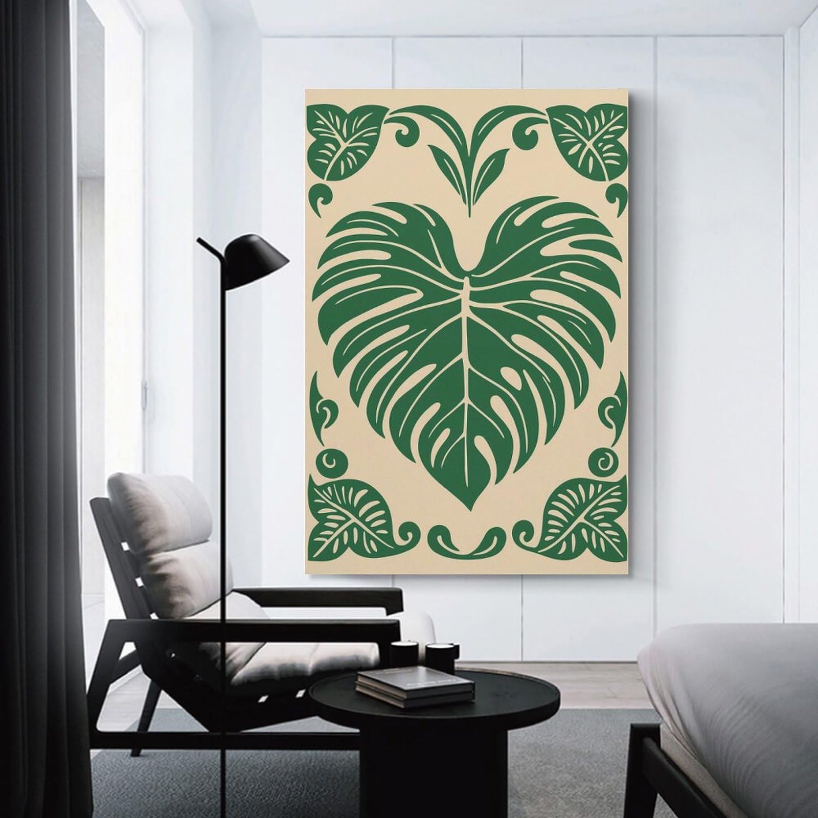 Junmoney Room Decor Wall Art Monstera Leaf Green Beige Illustration, 24x36inch(60x90cm), for Home Lounge, Bedroom Or Reading Nook, Eye Catching Artwork for Blank Walls