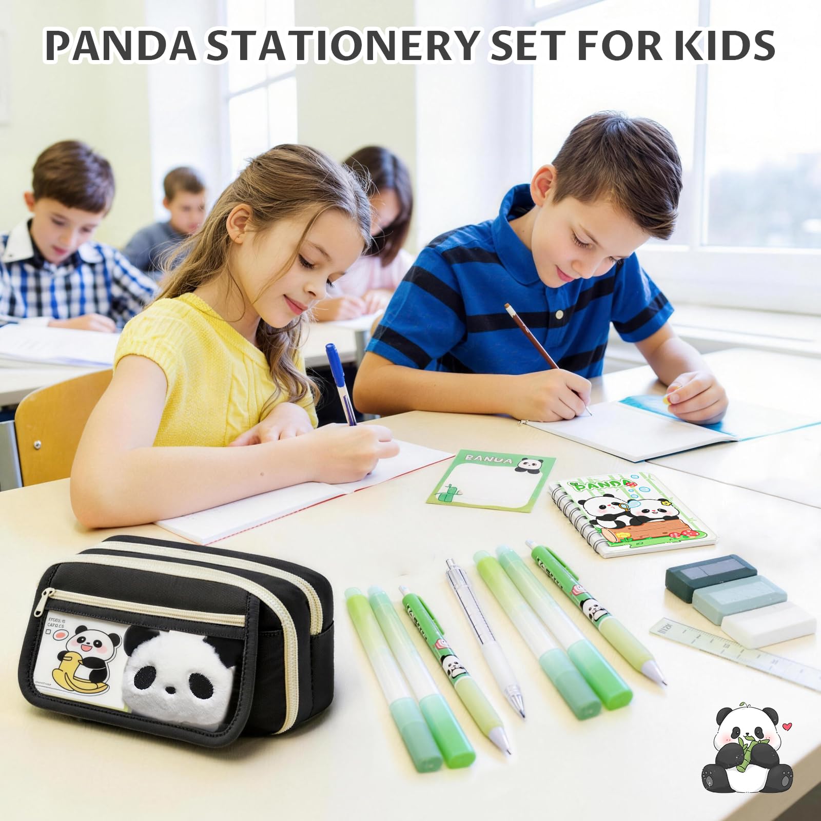 28 Pcs Trousse Panda Ensemble, Trois étages, Trousse Kawaii Panda | avec Surligneurs, Stylos gel, Règle, Ensemble de Fournitures Scolaires pour les Notes ou les Devoirs Quotidiens