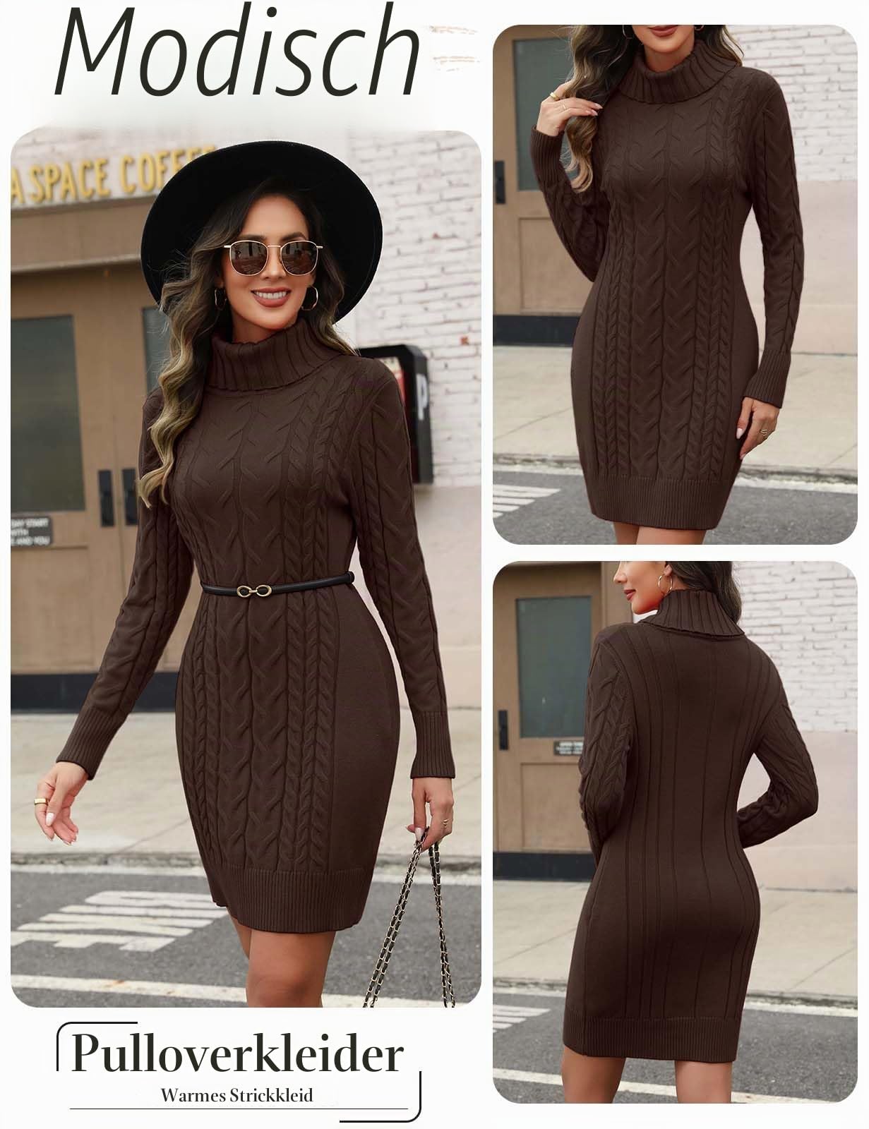 heekpek Strickkleid Damen Herbst Winter Rollkragen Pulloverkleid Langarm Strickkleider Elegant Bodycon Kleid Zopfmuster Warme Winterkleider