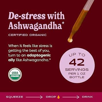 Herb Pharm Organic Ashwagandha Liquid Extract, Alcohol-Free: Mood Support Supplement, Vegan Ashwagandha Root Glycerite, Tasty Non-Bitter Adaptogen Extract for Adults, Non-GMO, 1 Oz