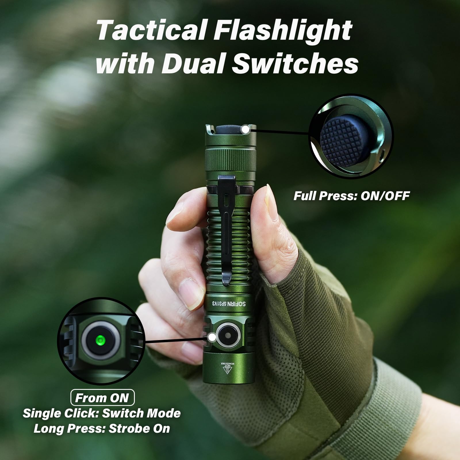Sofirn SP31 V3.0 Verde - Linterna táctica 1200 lúmenes, 5000 K, recargable, con 8 modos de luz, luz EDC IPX8, con batería recargable, para camping, senderismo,