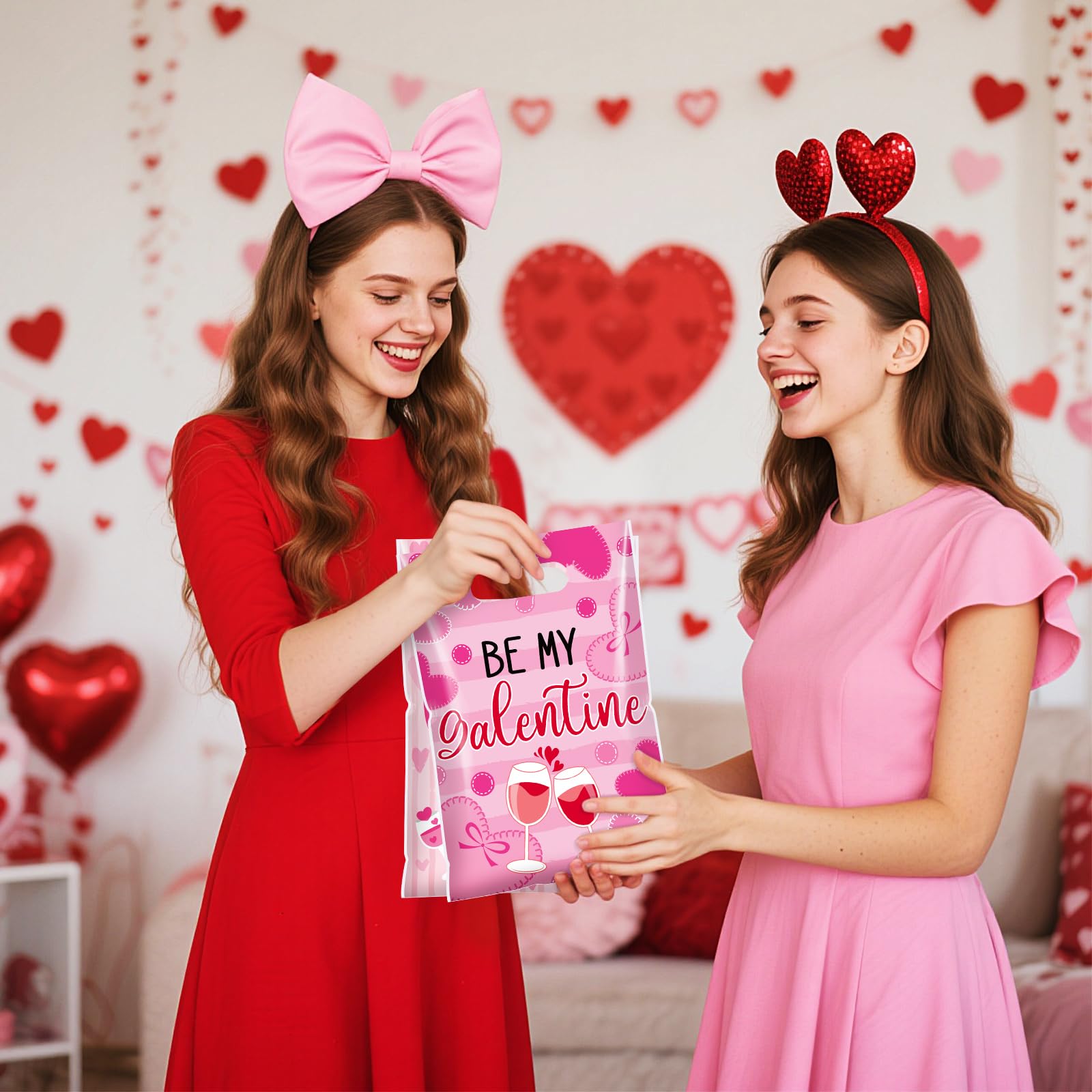 Teenyyou 60 Pcs Galentines Day Gift Bags Pink Red Plastic Heart Treat Bags Small Valentines Goodie Handbags for Women Sweet Day Friendship Party Supplies