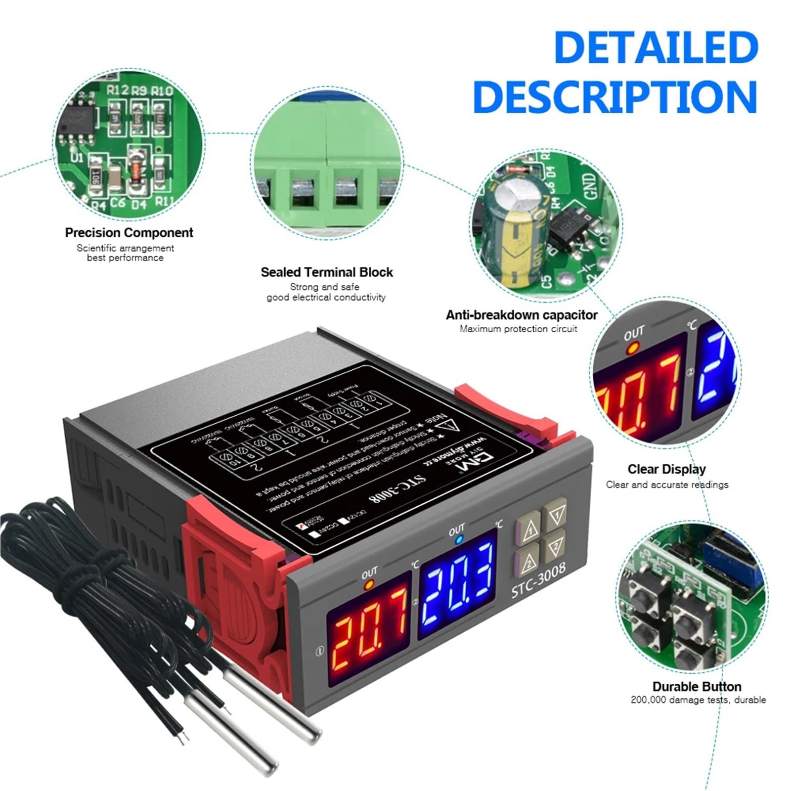1 pz STC-3008 Doppio regolatore di temperatura digitale Due uscite relè 12 V/24 V CA 220 V Termostato termoregolatore con riscaldatore e raffreddatore(DC 12V)