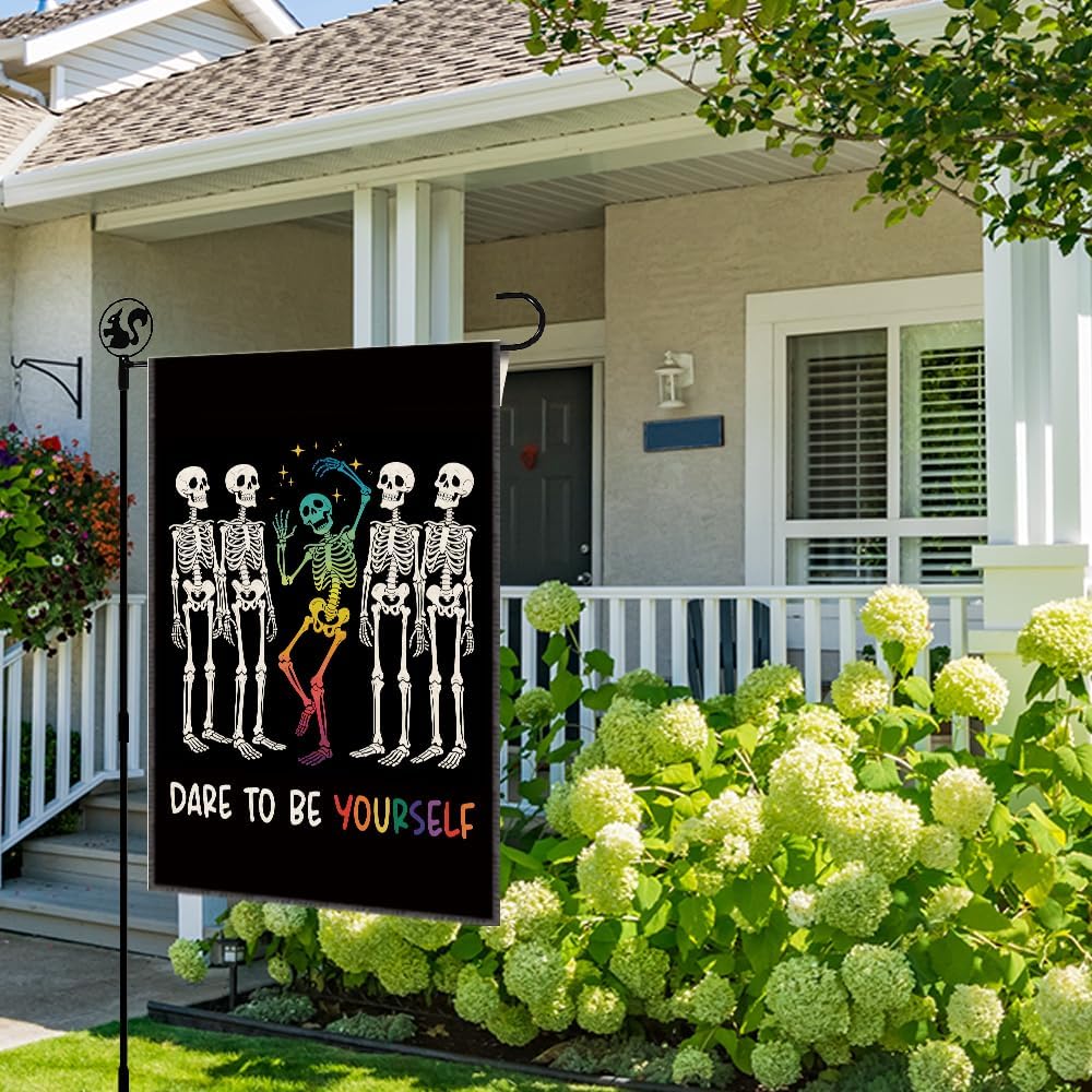 Dare to Be Yourself Garden Flag, Double Sided Printing Farmhouse Outdoor Lawn Decor Yard Flag Gifts, Funny Rainbow Skeleton Yard Sign, Inclusive Pride Halloween Flags, Be Yourself LGBTQ Gifts - Image 4