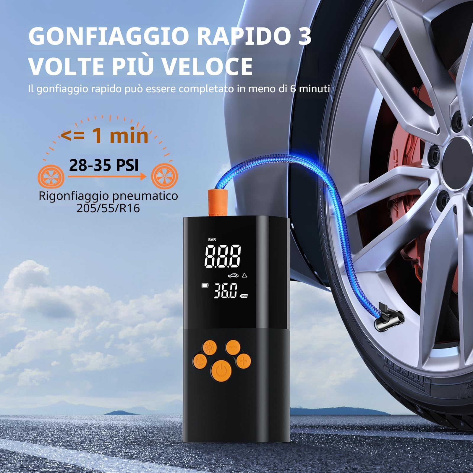 EVARY Compressore Aria Portatile 10000mAh,Portable Electric Air Compressor 150PSI con 5 Modalità, Schermo LCD Digitale e Torcia LED, Pompa Elettrica per Bicicletta, Auto, Moto, Monopattino, Palloni