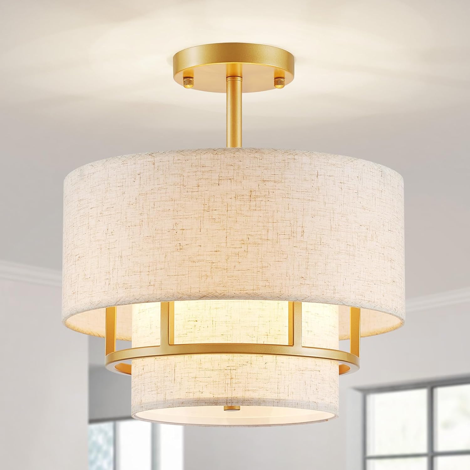 2-Layer Fabric Drum Ceiling Light, 3-Light Semi-Flushmount Light Fixture for Living Room, Bedroom, Hallway, D13×H14 inch, Gold Finish Frame & Linen Lampshade
