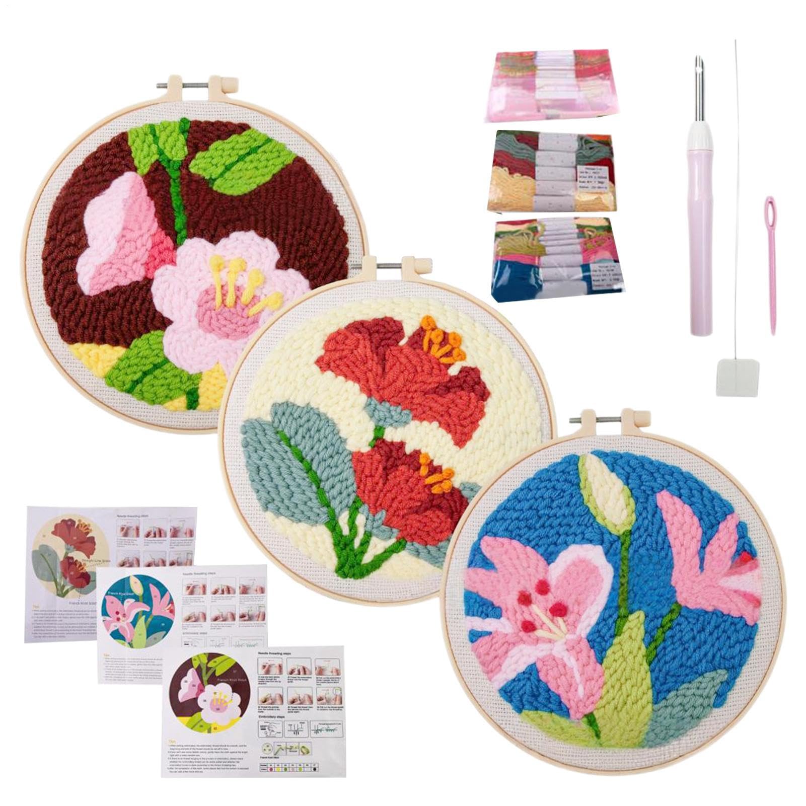 Kit débutants à broder complet avec 3 tissus fleuris et instructions - 8