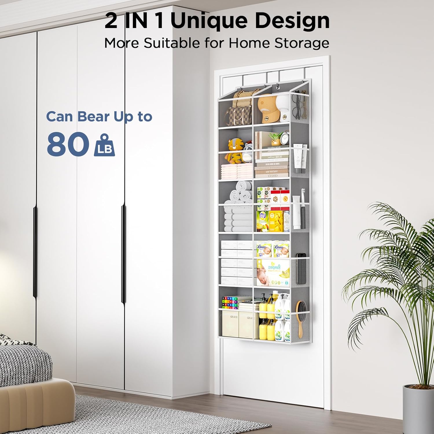 2 Pack 5-Tier Over The Door Organizer with 10 Side Mesh Pockets & Clear Windows, 80 lbs Weight Capacity Hanging Storage for Bathroom, Bedroom, Nursery, Kitchen, Organize Shoes, Diapers(Clear Grey)