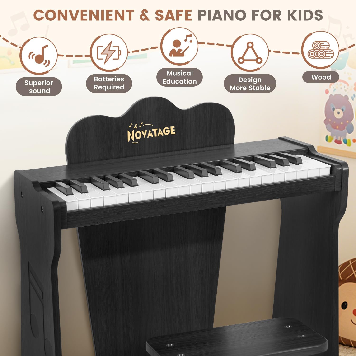Kids Piano Keyboard, 37 Keys Wood Digital Piano for Kids, Mini Baby Piano Toy, Music Educational Instrument Toy for 2+ Girls and Boys (Black)