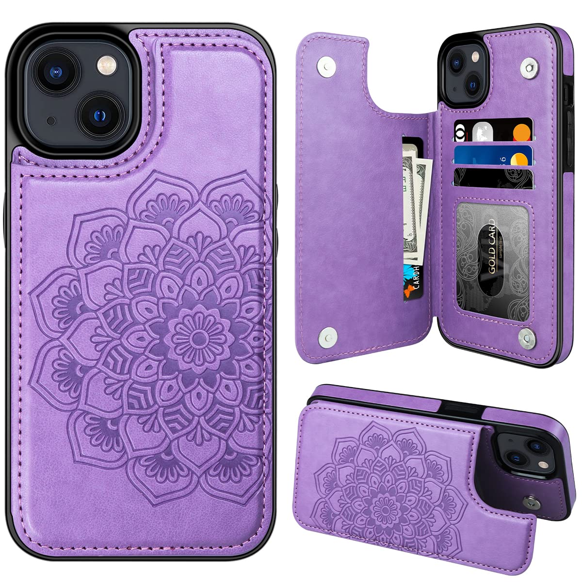 MMHUO Custodia A Portafoglio Per IPhone 15 Plus Con Fiori In Rilievo E Slot Porta Carte - Chiusura Magnetica E Supporto - Blu, Pelle PU Di Qualità - 3