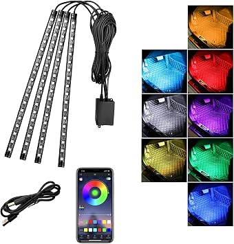 Car Led Interior Lights, RGB 72 LED Multicolor Auto Strip Light with Sound Active Function and APP Control, Under Dash Smart Lighting Kit with Charger, Car Accessories USB