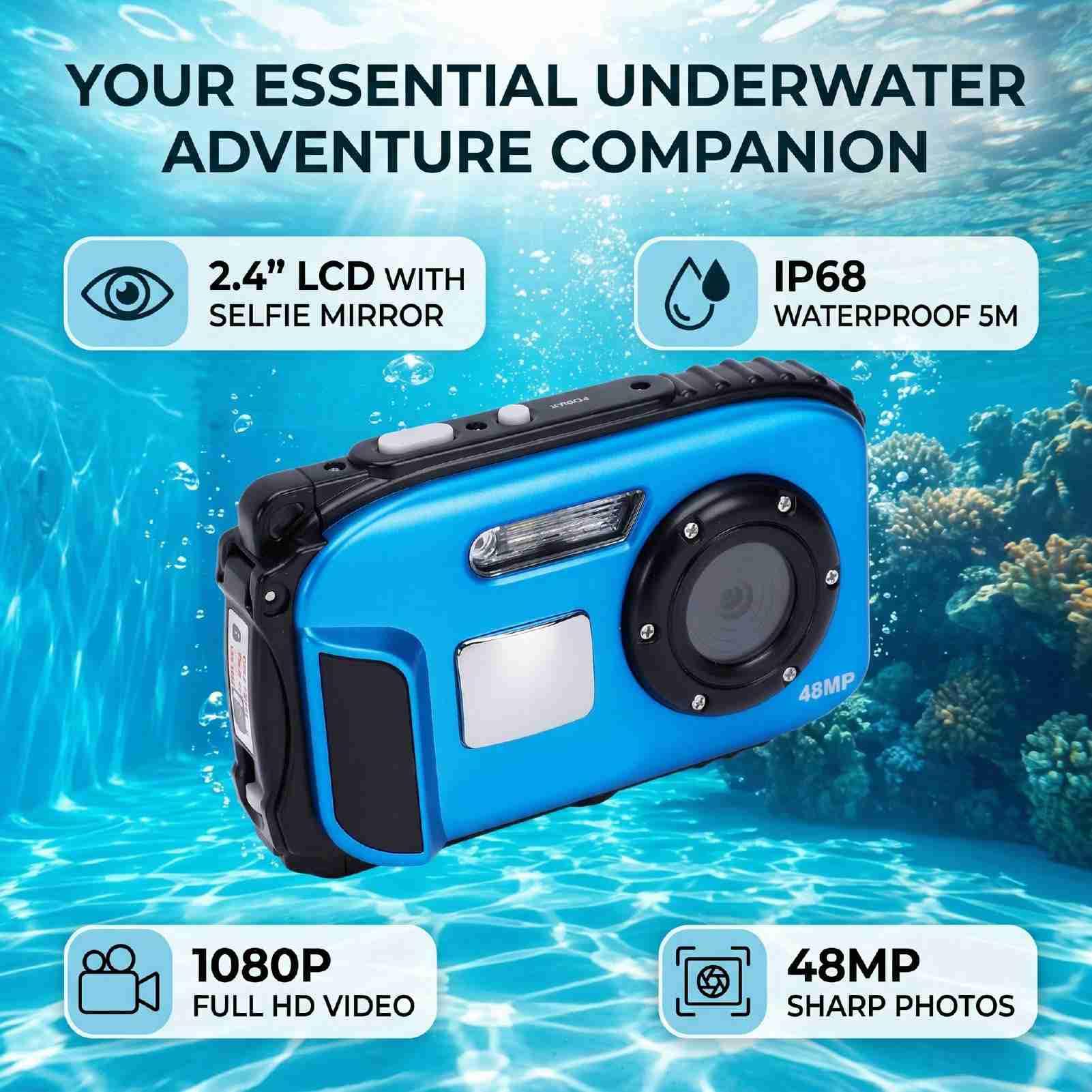 PUSOKEI Fotocamera Subacquea 1080P - Fotocamera Digitale Impermeabile da 48 MP (Blue)