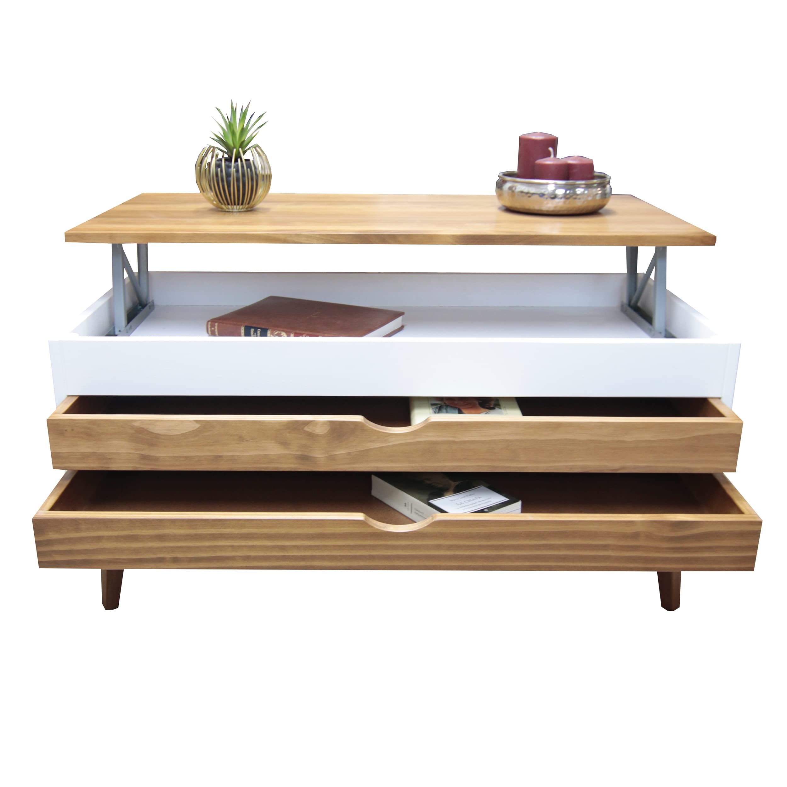 LoMasCasa - Mesa de Centro Salón Elevable Modelo Luzia 5 con Dos Cajones Deslizantes en Color Blanco y Madera Color Nogal Medidas 100x50x47 cm