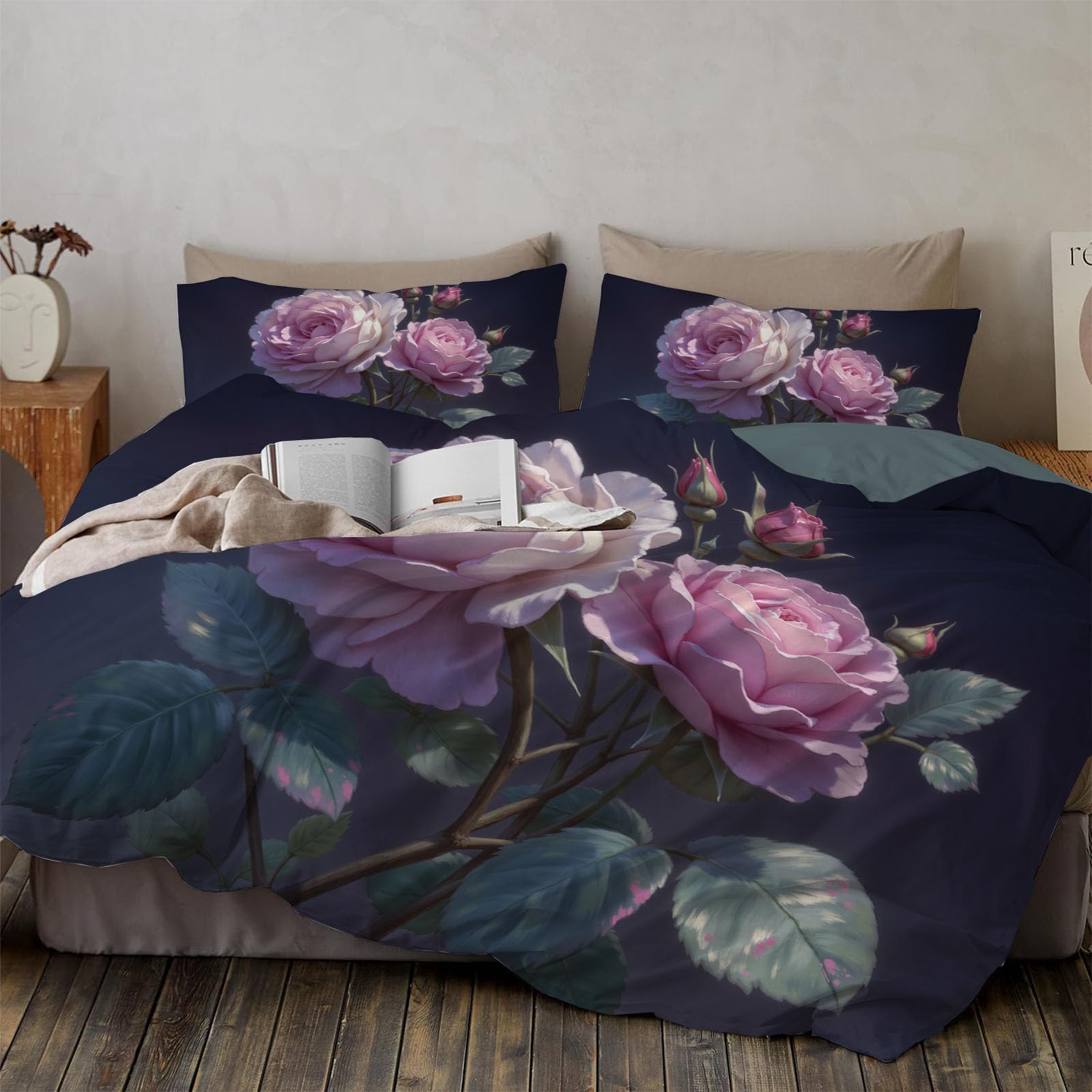 Housse de couette 220x240 microfibre avec taie d'oreiller motif roses
