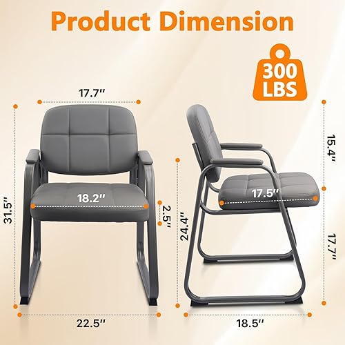 Miniatura 3 de CLATINA Silla de cuero para oficina, sala de espera, con base de trineo, silla de recepción sin ruedas con reposabrazos y soporte de madera, sillón