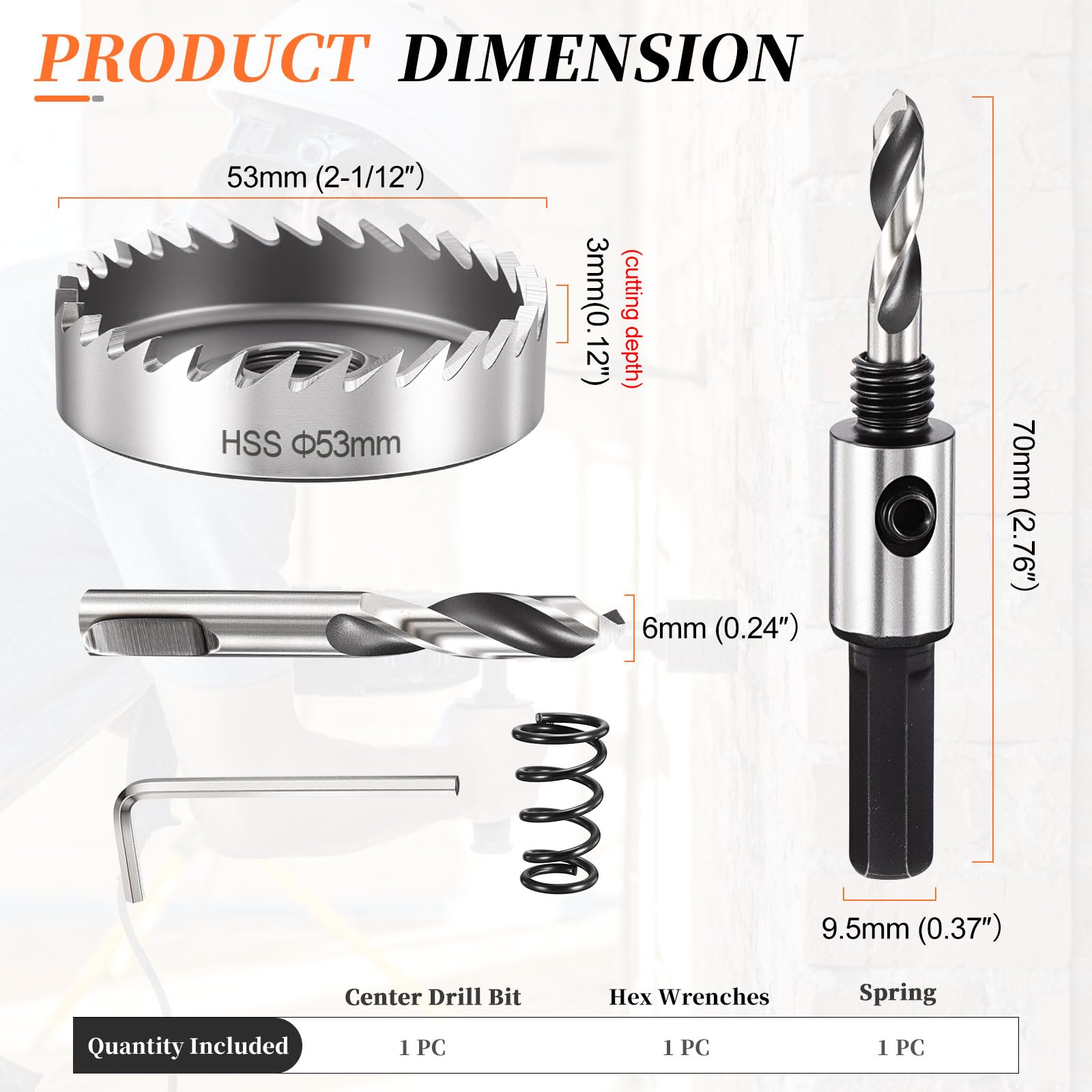 METALLIXITY Hole Saw 53mm (2-1/12"), 4341 High Speed Steel Hole Cutter with Center Drill Bit, Hex Key and Spring - Image 2