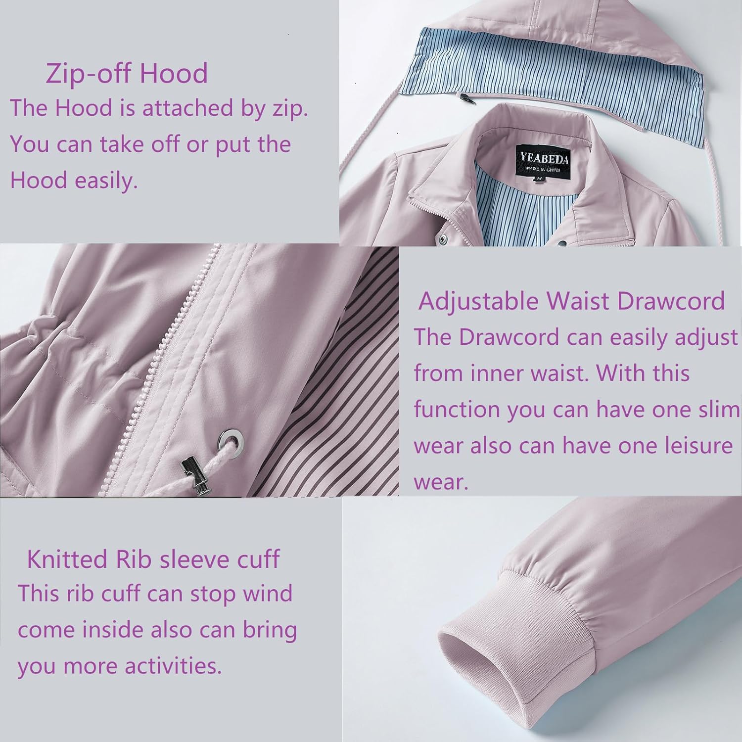 Womens Raincoat Waterproof with Hood Lightweight Windbreaker Rain Jacket Trench Coats Striped Lined - Image 8