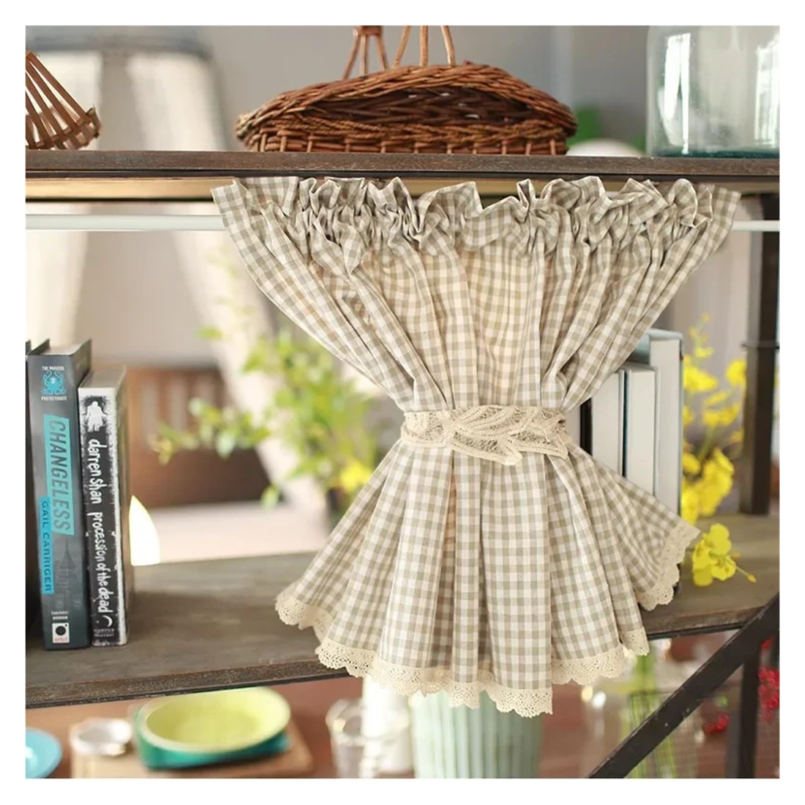 OZLCUA Short Curtains Beige Plaid Short Cabinet Curtains Rustic Farmhouse Rod Pocket Window