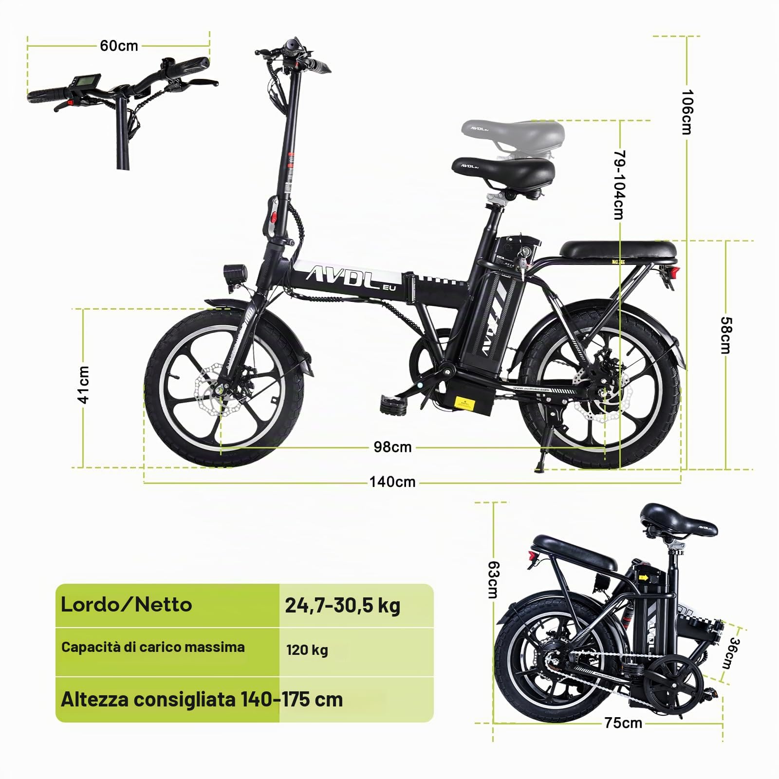 Bici Elettrica Pieghevole 14/16 Pollici Uomo Donna, Ebike con Display LCD, 4 Modalità di Guida, Freni a Disco, Bicicletta Elettrica per Città, Pendolari e Tempo Libero (Nero)