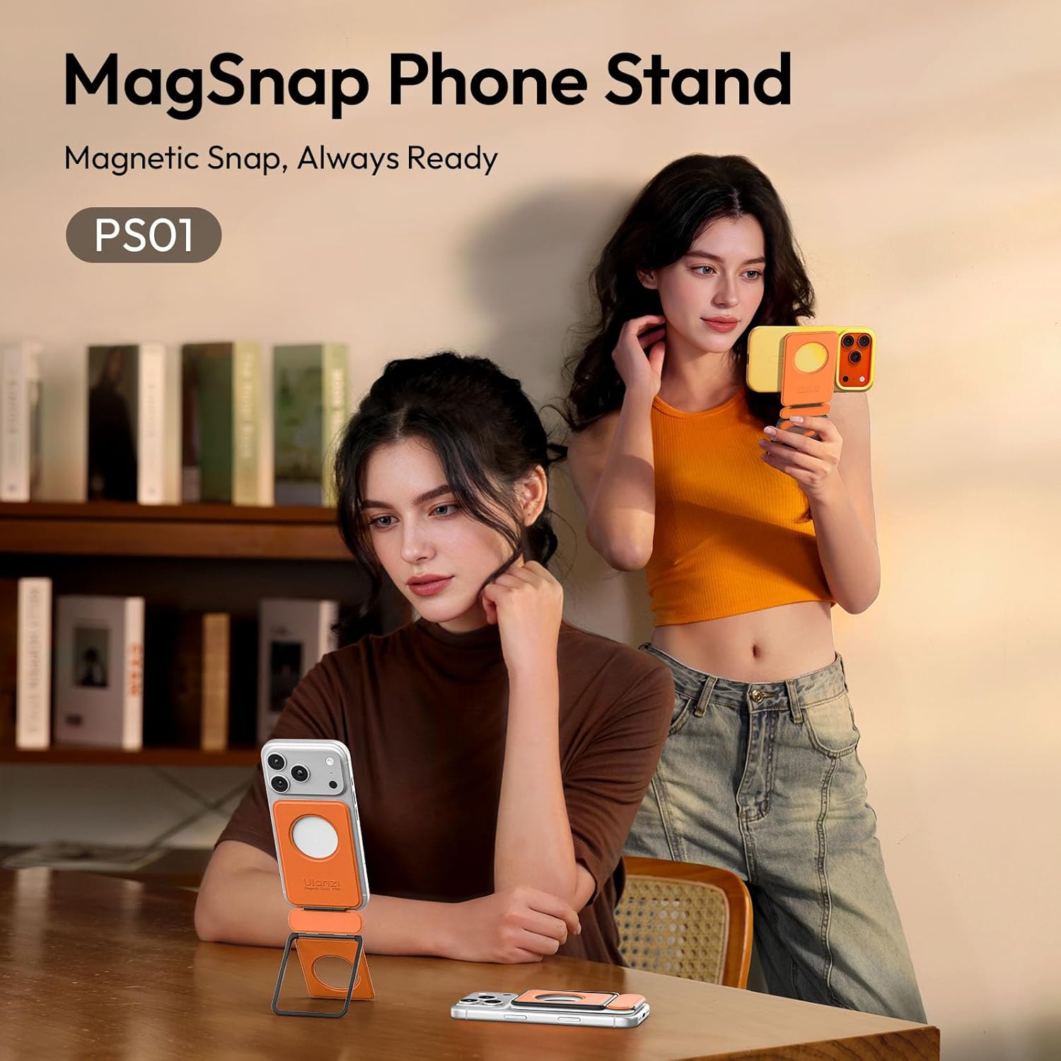 ULANZI PS01 Magnetic Phone Stand, 2-in-1 Magnetic Phone Stand Holder, Adjustable Desktop Phone Tripod for Desk, Slim Foldable Selfie Stick Tripod Compatible with iPhone 17 16 15 14 13 Samsung Pixel