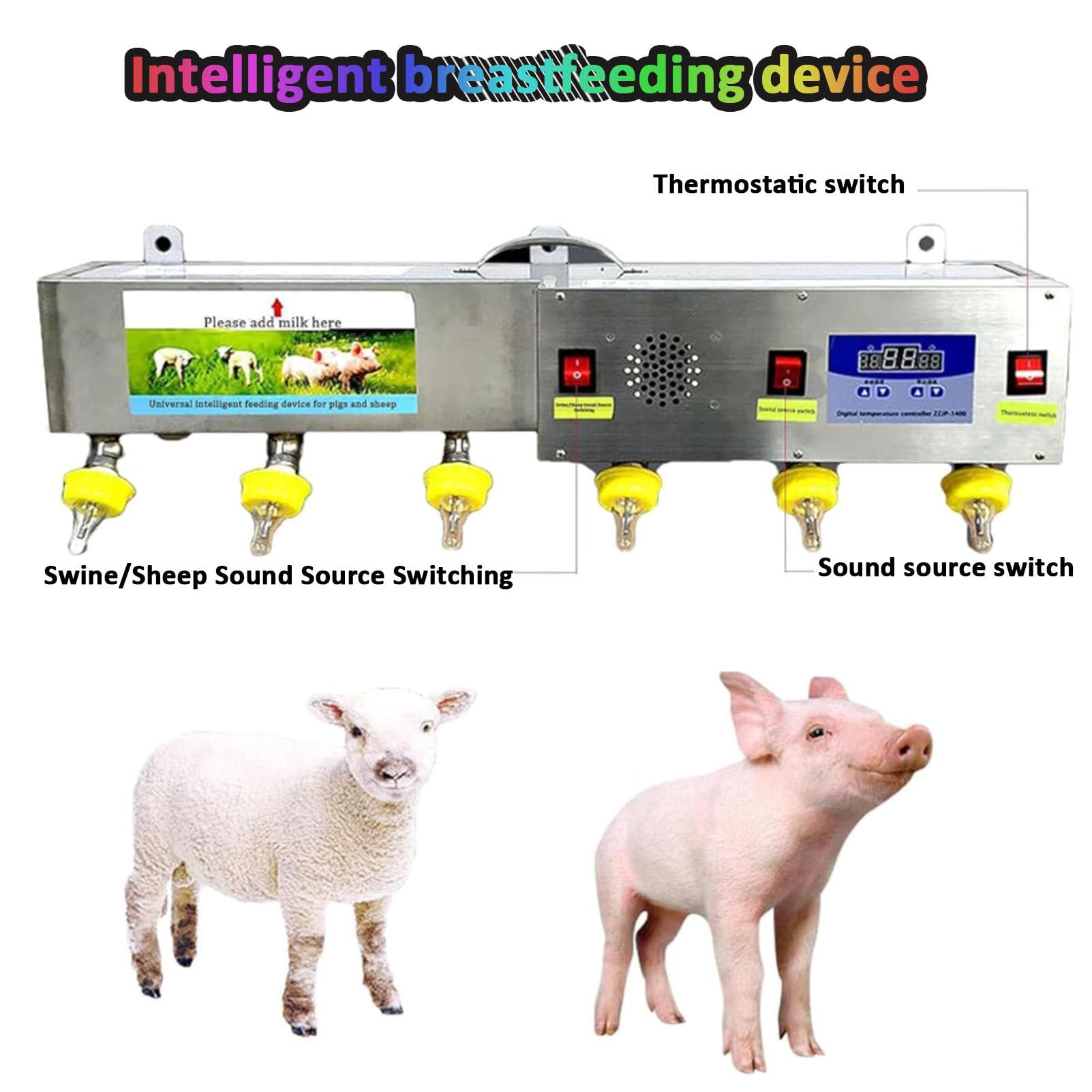 Comedero universal para lechones y corderos, alimentador de acero inoxidable a temperatura constante, 6 comederos de tetina totalmente automáticos con simulación de sonido