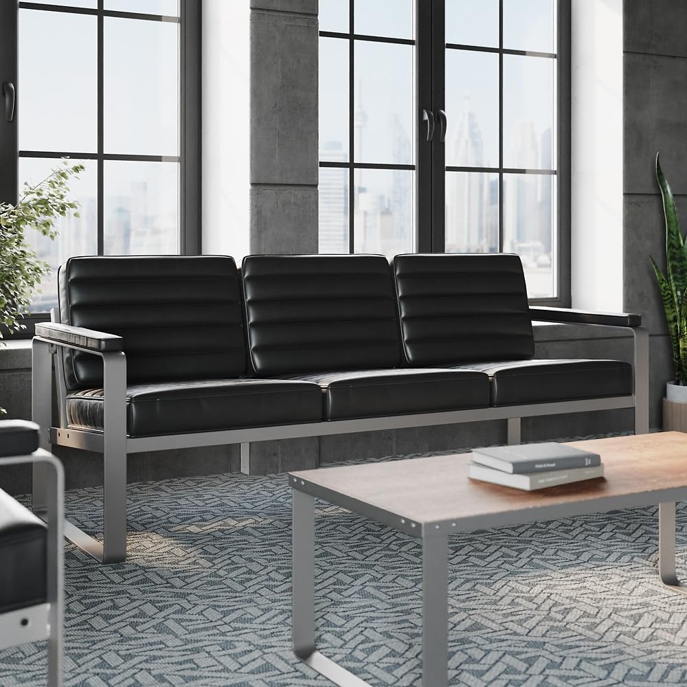 NBF 3 Seat Office Lounge Sofa - Black Polyurethane Upholstery with Charcoal Metal Frame - Modern Waiting Room Sofa Bench - 78.75" W x 30.75" D x 29.5"